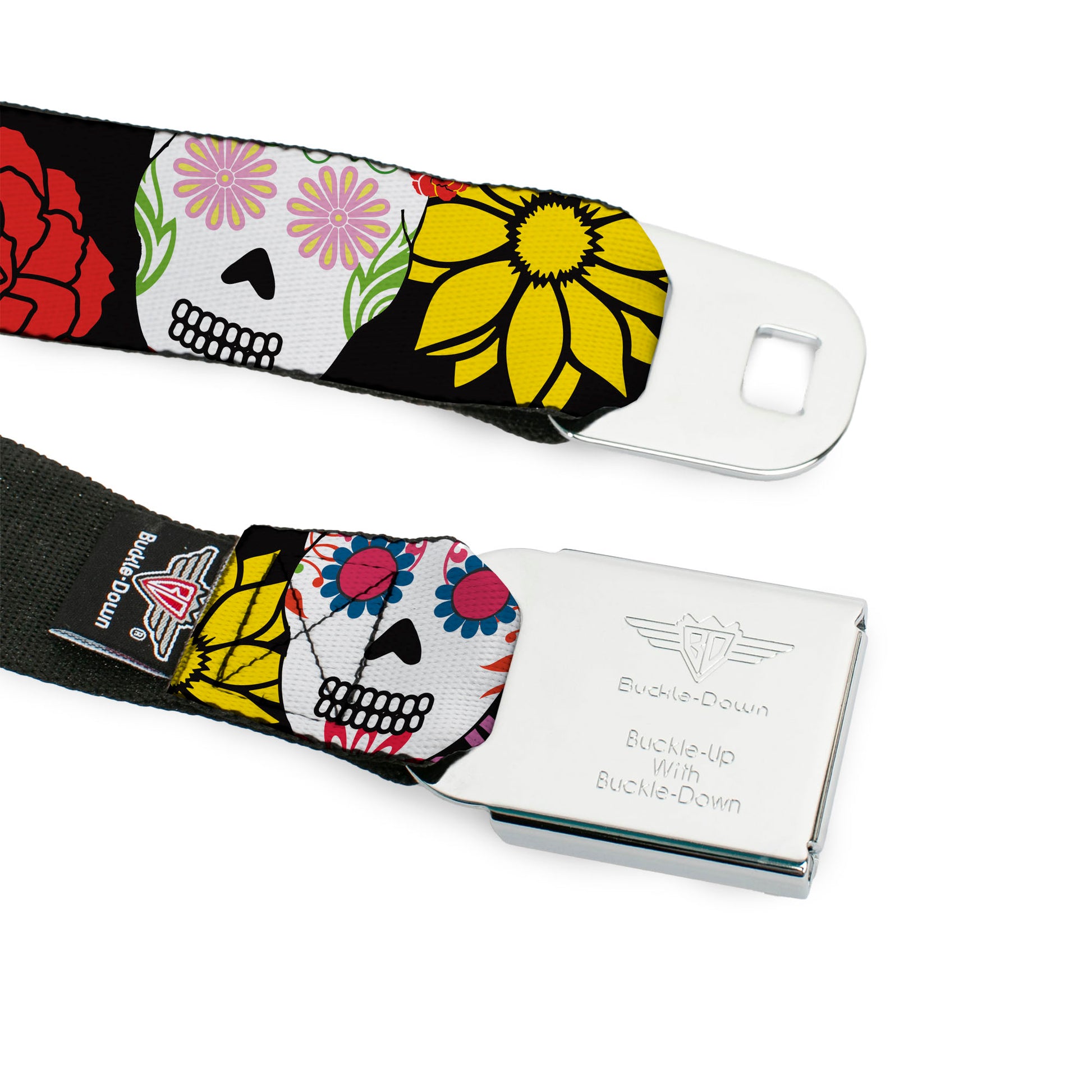 BD Wings Logo CLOSE-UP Black/Silver Seatbelt Belt - Sugar Skulls & Flowers Black/Multi Color Webbing Seatbelt Belts Buckle-Down