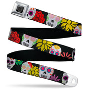 BD Wings Logo CLOSE-UP Black/Silver Seatbelt Belt - Sugar Skulls & Flowers Black/Multi Color Webbing Seatbelt Belts Buckle-Down
