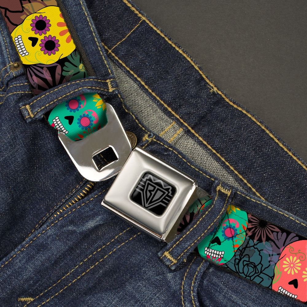 BD Wings Logo CLOSE-UP Black/Silver Seatbelt Belt - Painted Sugar Skulls & Flowers Collage Webbing Seatbelt Belts Buckle-Down