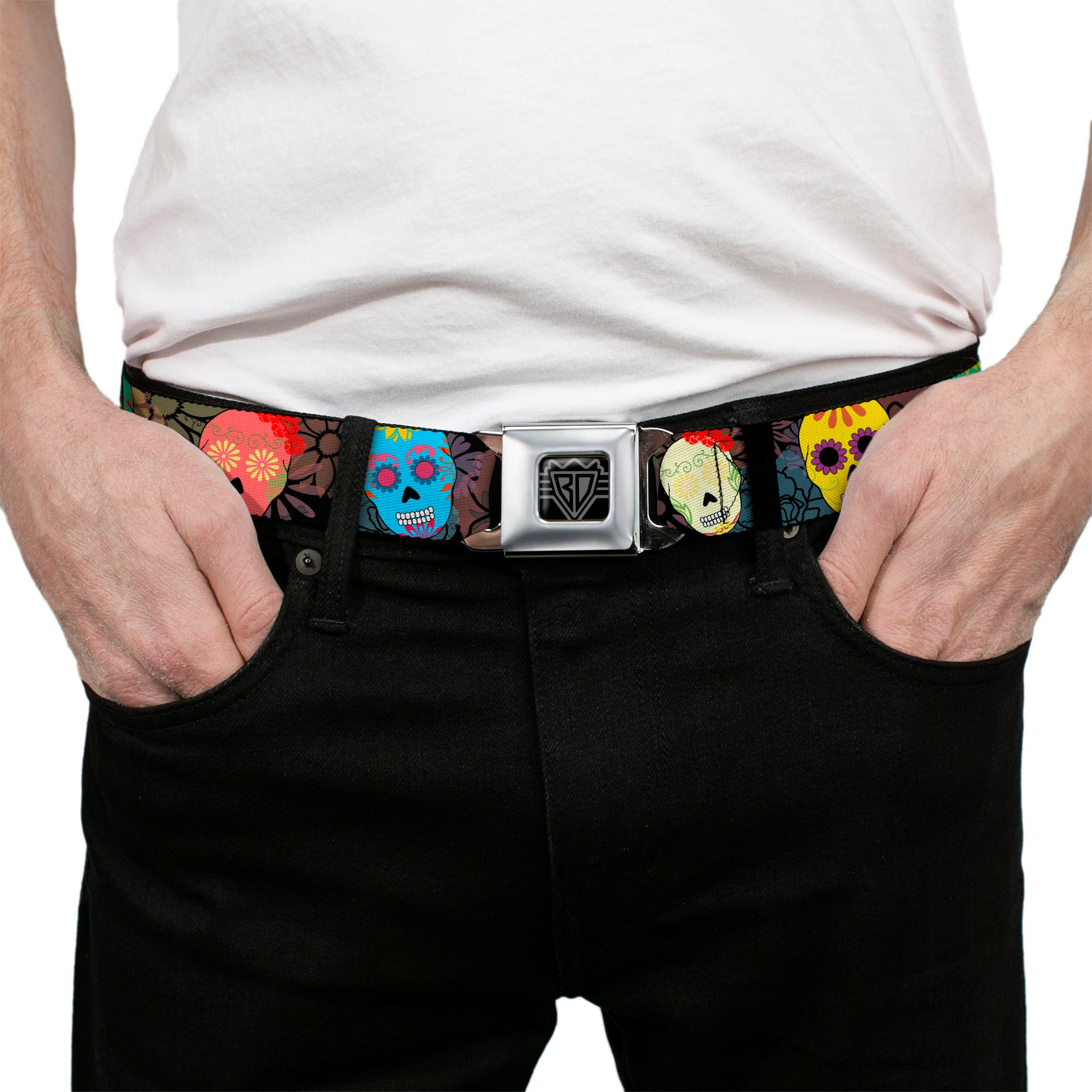 BD Wings Logo CLOSE-UP Black/Silver Seatbelt Belt - Painted Sugar Skulls & Flowers Collage Webbing Seatbelt Belts Buckle-Down