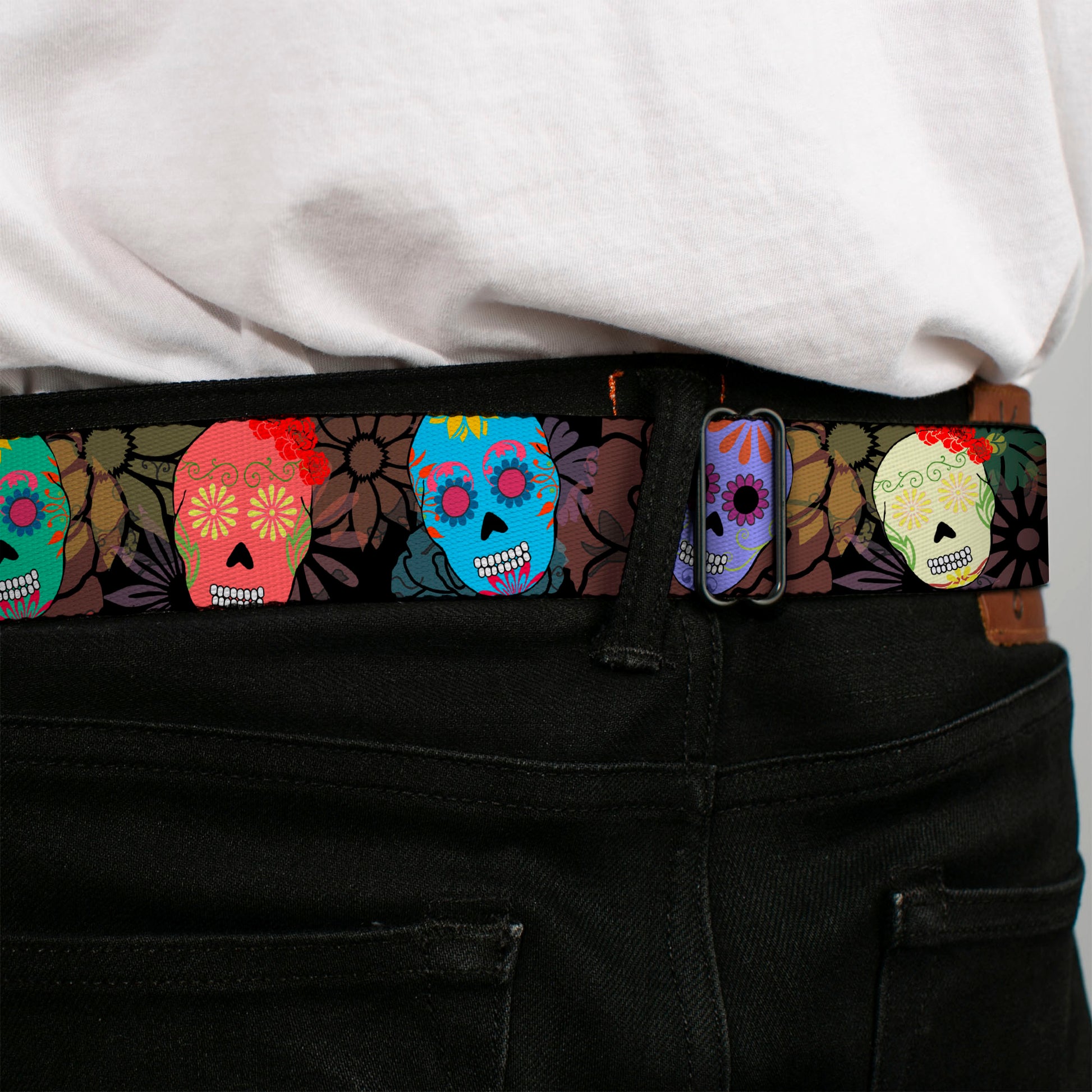 BD Wings Logo CLOSE-UP Black/Silver Seatbelt Belt - Painted Sugar Skulls & Flowers Collage Webbing Seatbelt Belts Buckle-Down