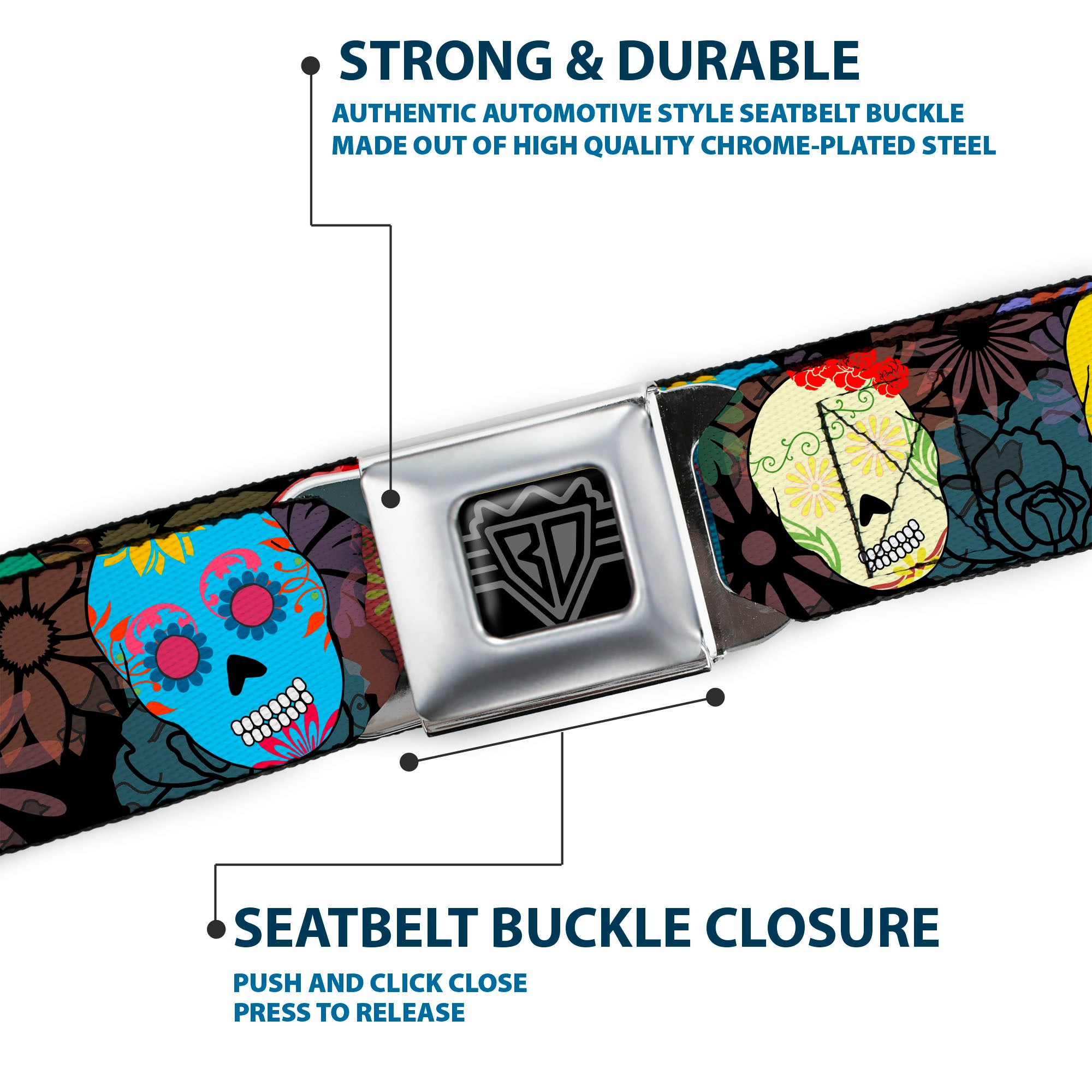 BD Wings Logo CLOSE-UP Black/Silver Seatbelt Belt - Painted Sugar Skulls & Flowers Collage Webbing Seatbelt Belts Buckle-Down