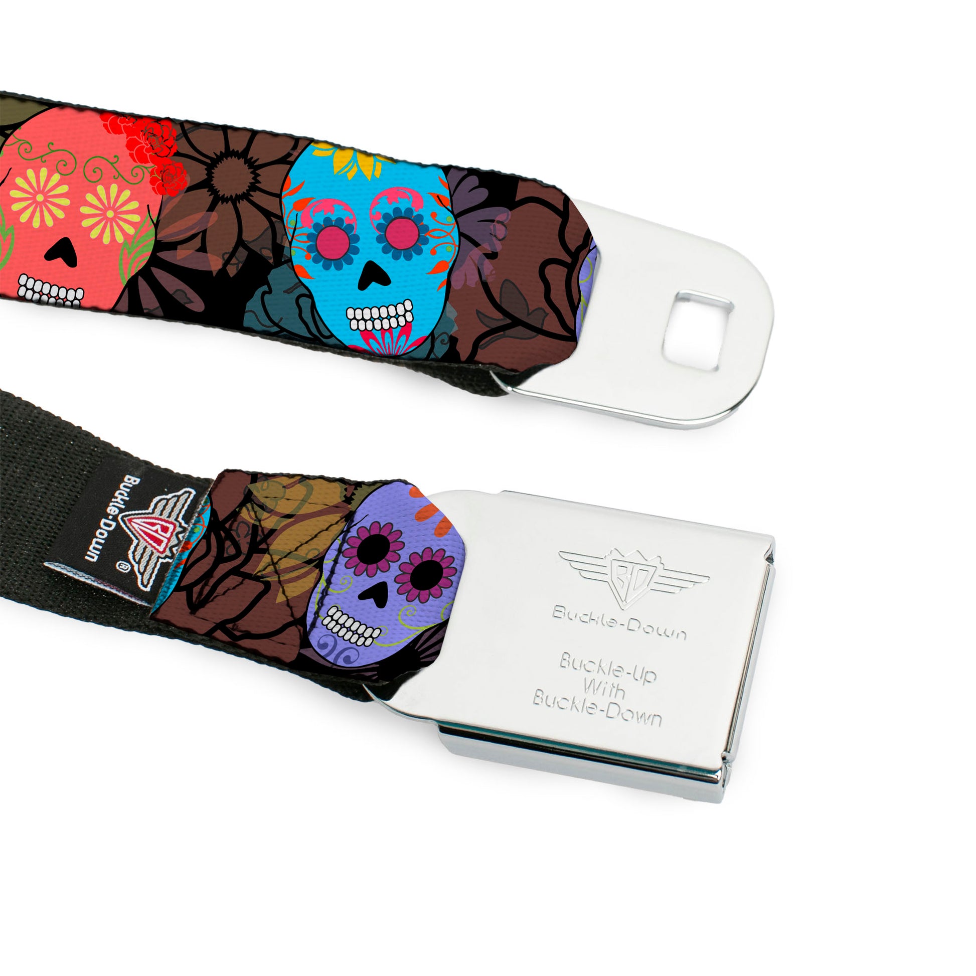 BD Wings Logo CLOSE-UP Black/Silver Seatbelt Belt - Painted Sugar Skulls & Flowers Collage Webbing Seatbelt Belts Buckle-Down