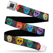 BD Wings Logo CLOSE-UP Black/Silver Seatbelt Belt - Painted Sugar Skulls & Flowers Collage Webbing Seatbelt Belts Buckle-Down
