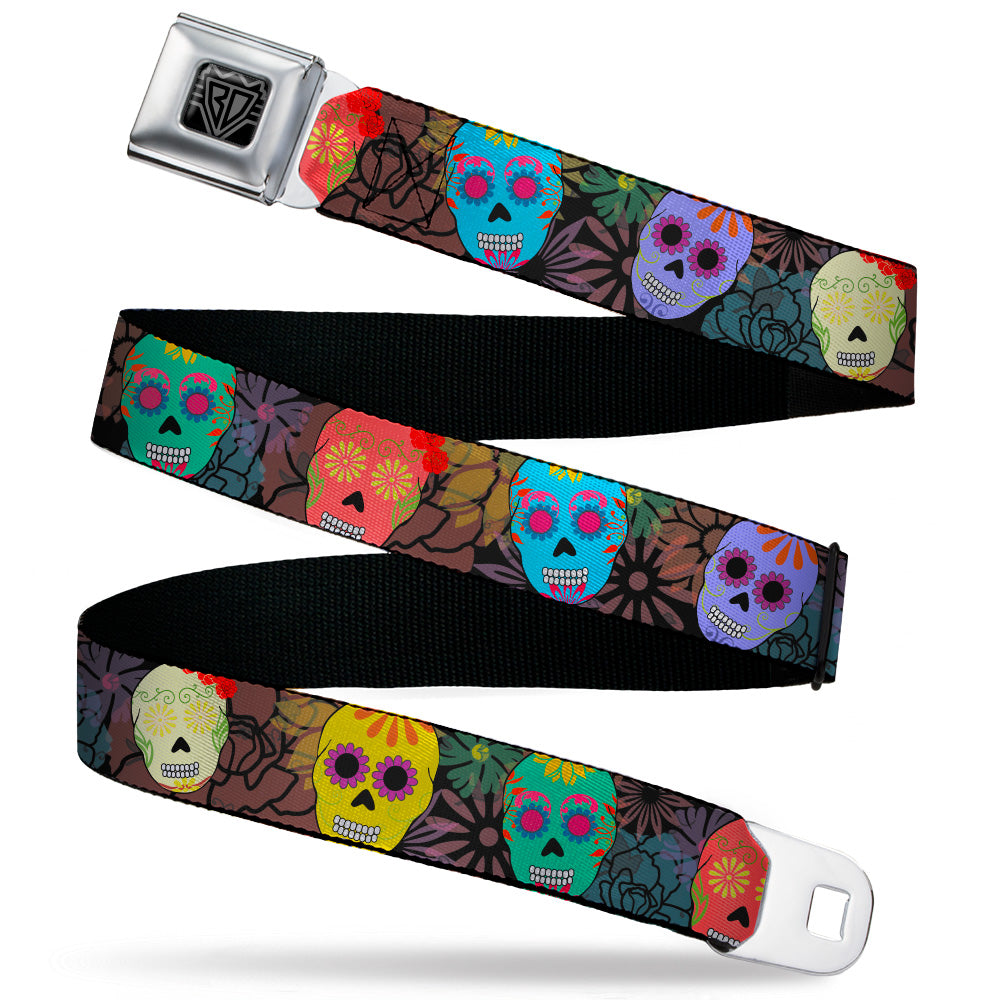 BD Wings Logo CLOSE-UP Black/Silver Seatbelt Belt - Painted Sugar Skulls & Flowers Collage Webbing Seatbelt Belts Buckle-Down