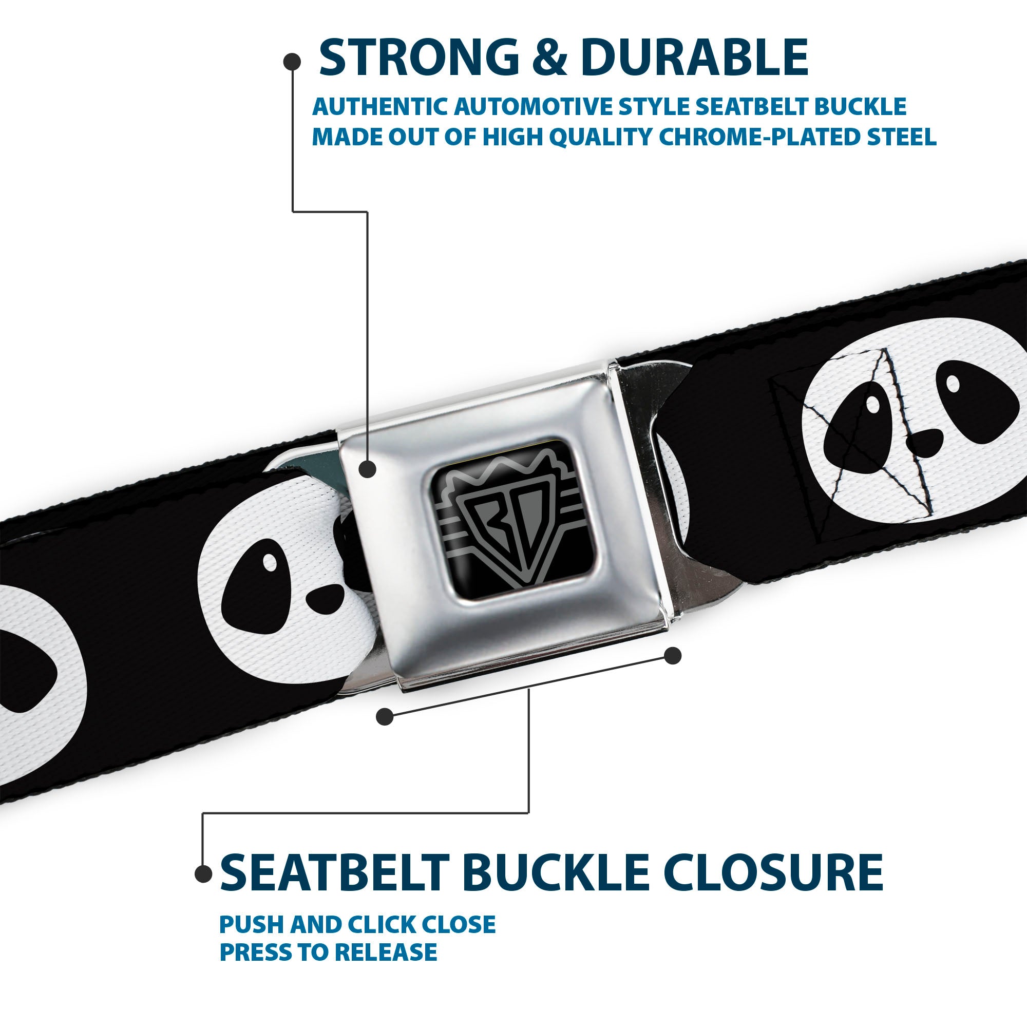 BD Wings Logo CLOSE-UP Full Color Black Silver Seatbelt Belt - Panda Face Black/White Webbing Seatbelt Belts Buckle-Down
