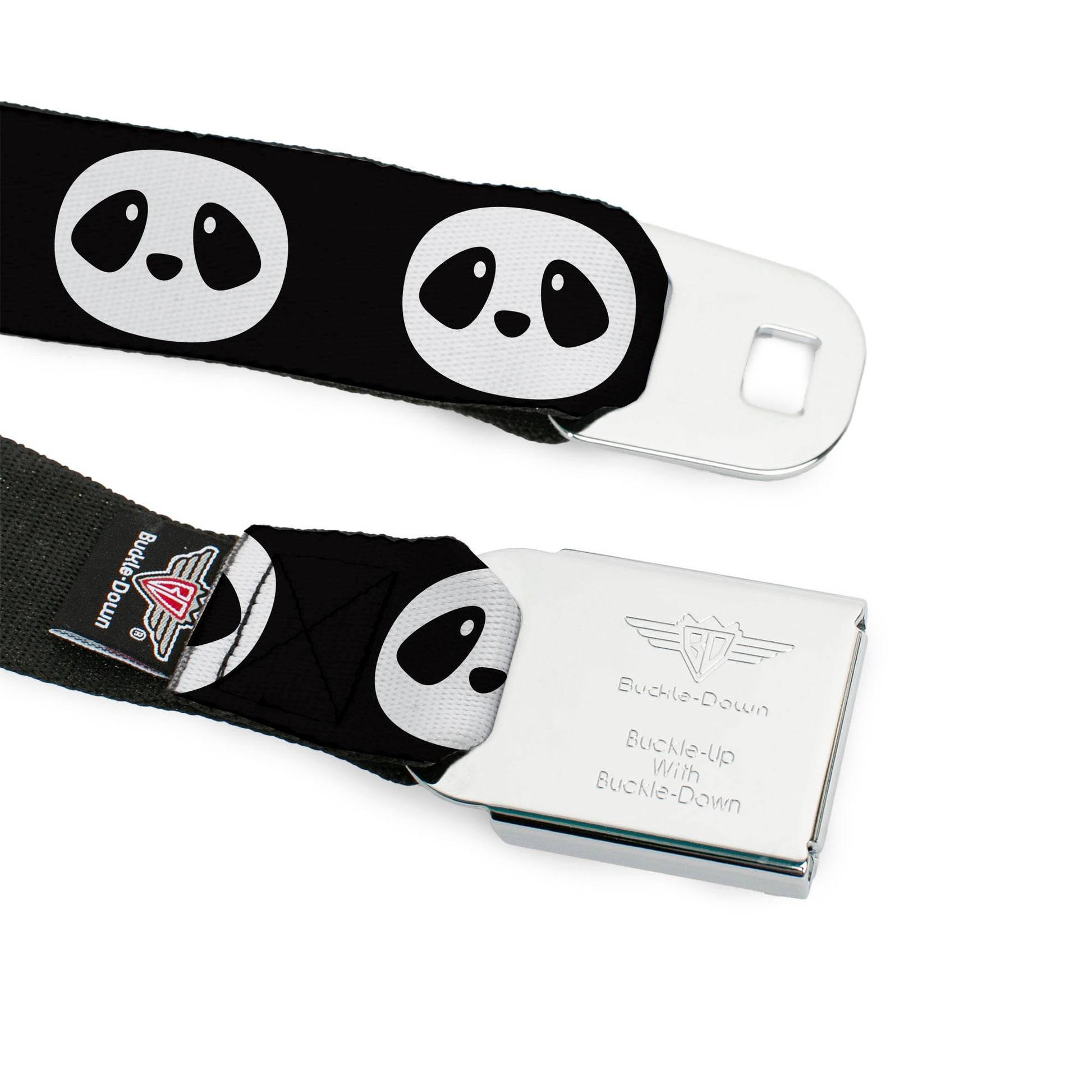 BD Wings Logo CLOSE-UP Full Color Black Silver Seatbelt Belt - Panda Face Black/White Webbing Seatbelt Belts Buckle-Down