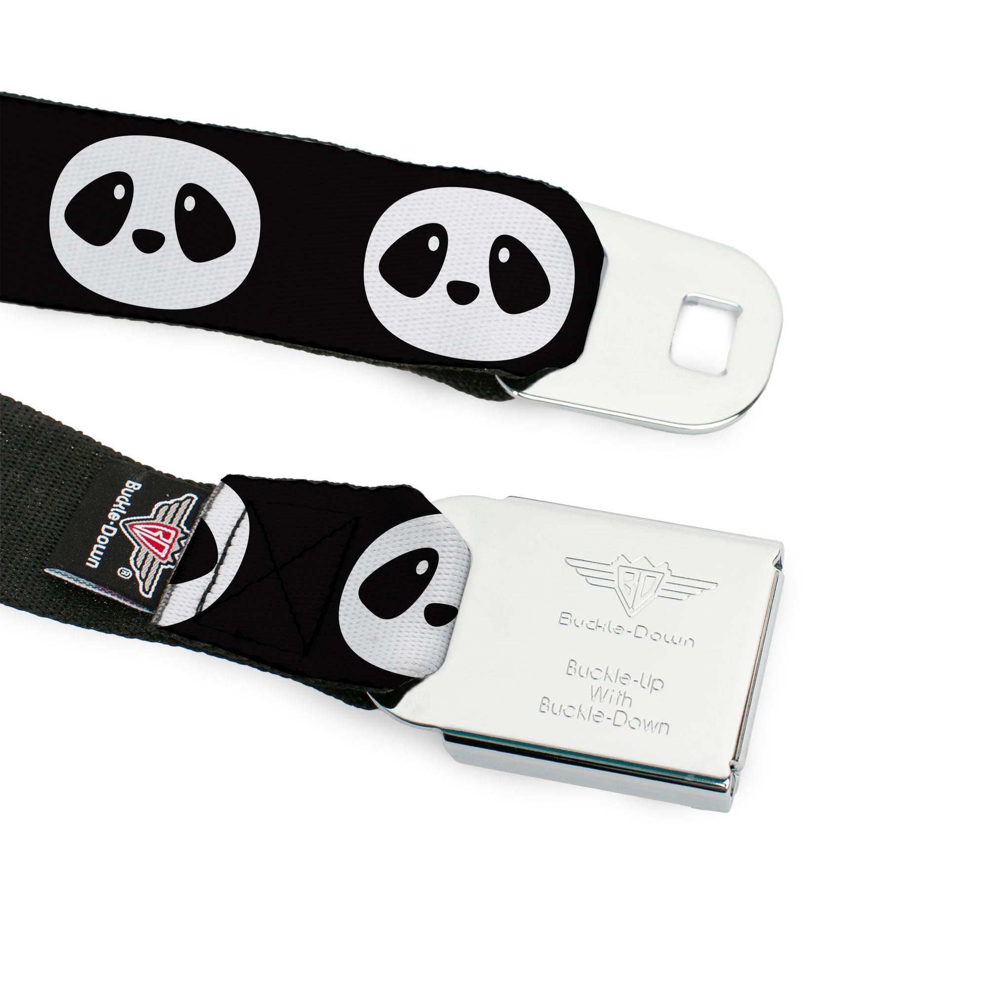 BD Wings Logo CLOSE-UP Full Color Black Silver Seatbelt Belt - Panda Face Black/White Webbing Seatbelt Belts Buckle-Down