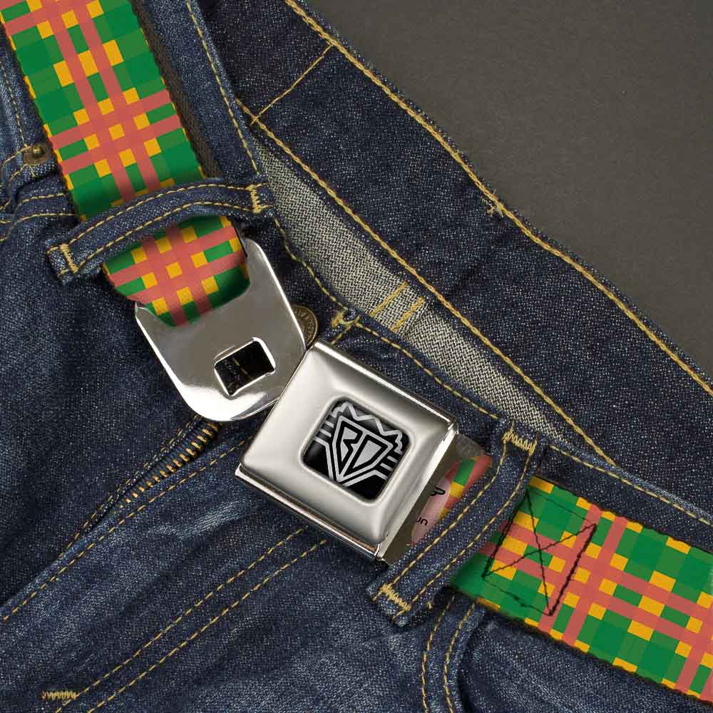 BD Wings Logo CLOSE-UP Full Color Black Silver Seatbelt Belt - Plaid Gold/Green/Pink Webbing Seatbelt Belts Buckle-Down