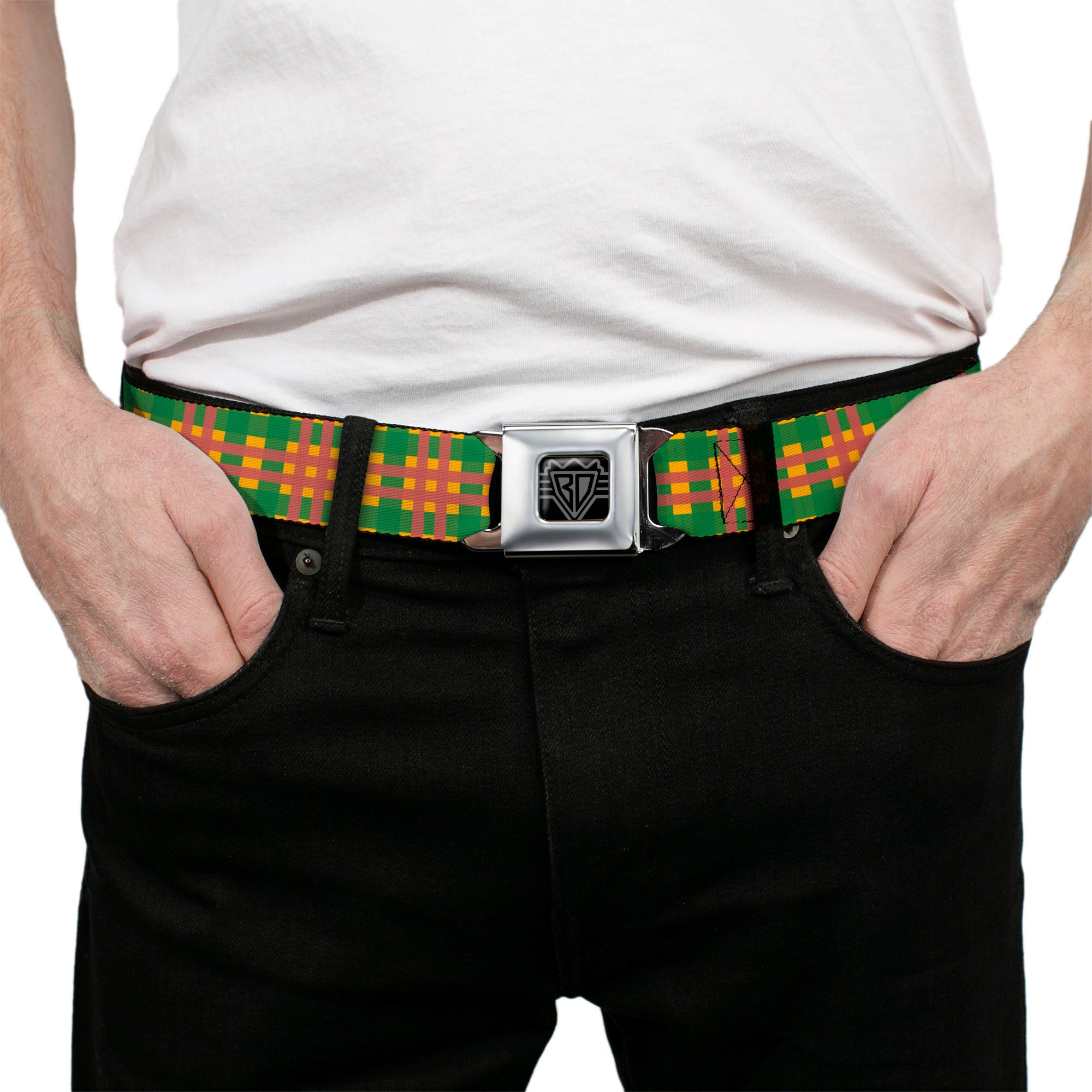 BD Wings Logo CLOSE-UP Full Color Black Silver Seatbelt Belt - Plaid Gold/Green/Pink Webbing Seatbelt Belts Buckle-Down