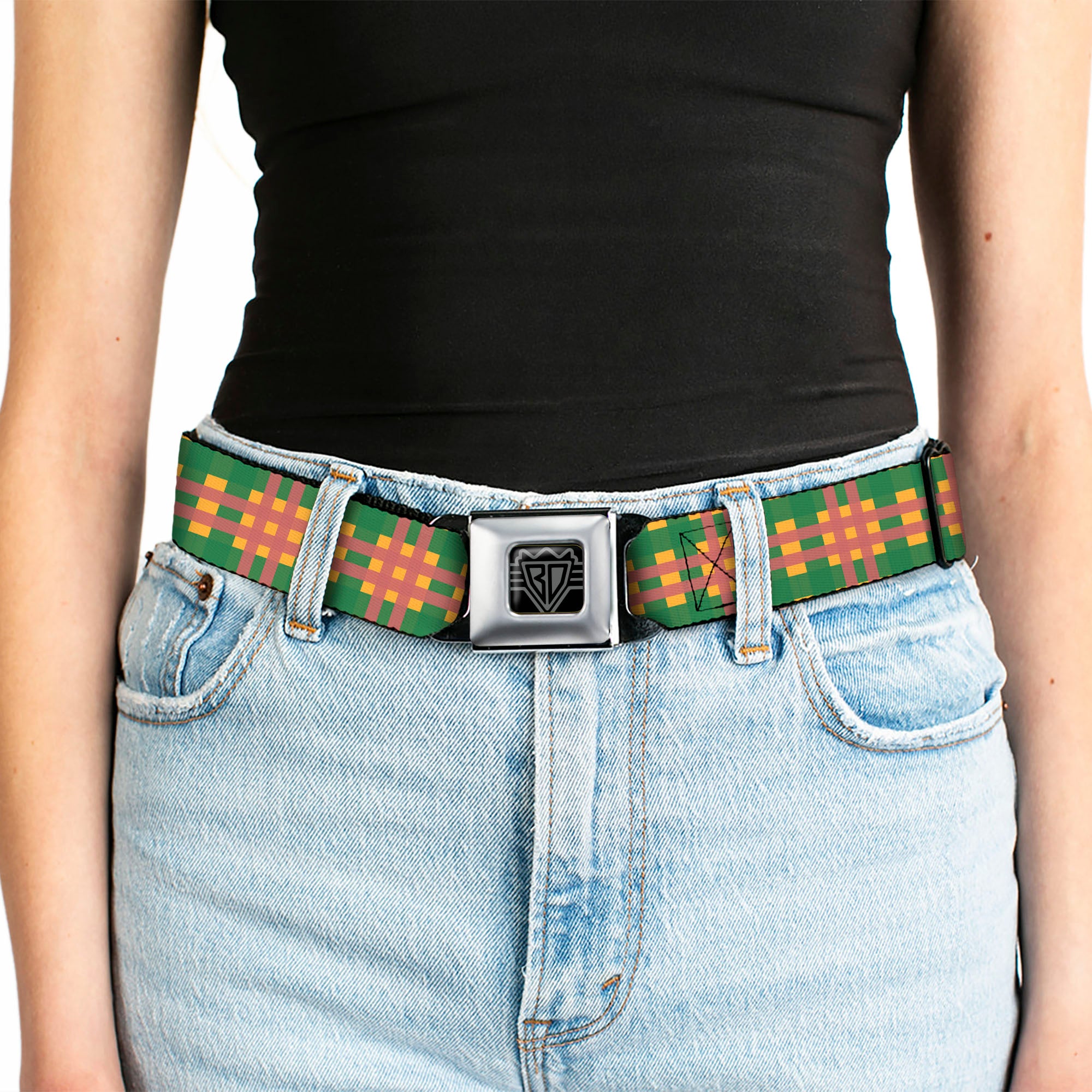 BD Wings Logo CLOSE-UP Full Color Black Silver Seatbelt Belt - Plaid Gold/Green/Pink Webbing Seatbelt Belts Buckle-Down