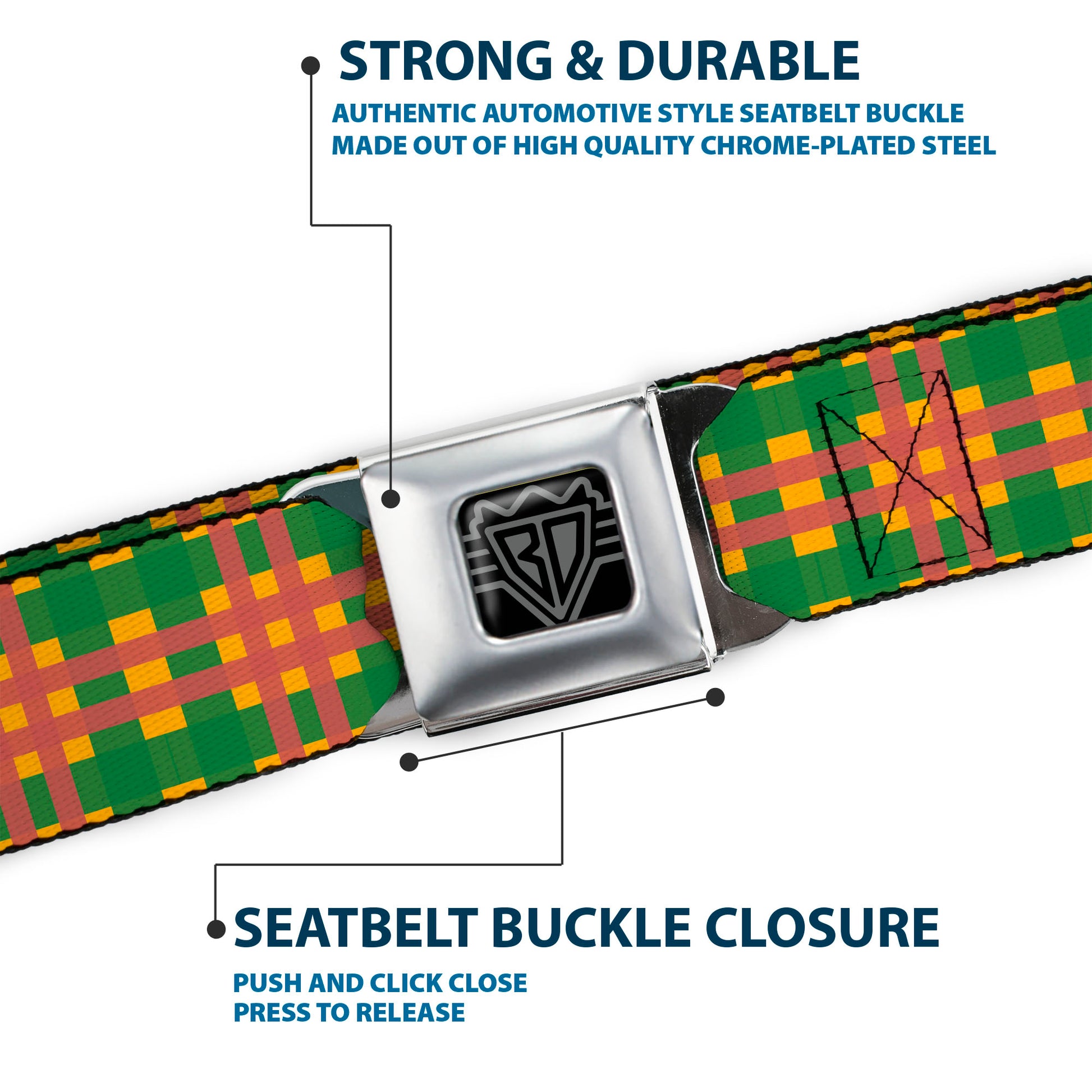 BD Wings Logo CLOSE-UP Full Color Black Silver Seatbelt Belt - Plaid Gold/Green/Pink Webbing Seatbelt Belts Buckle-Down