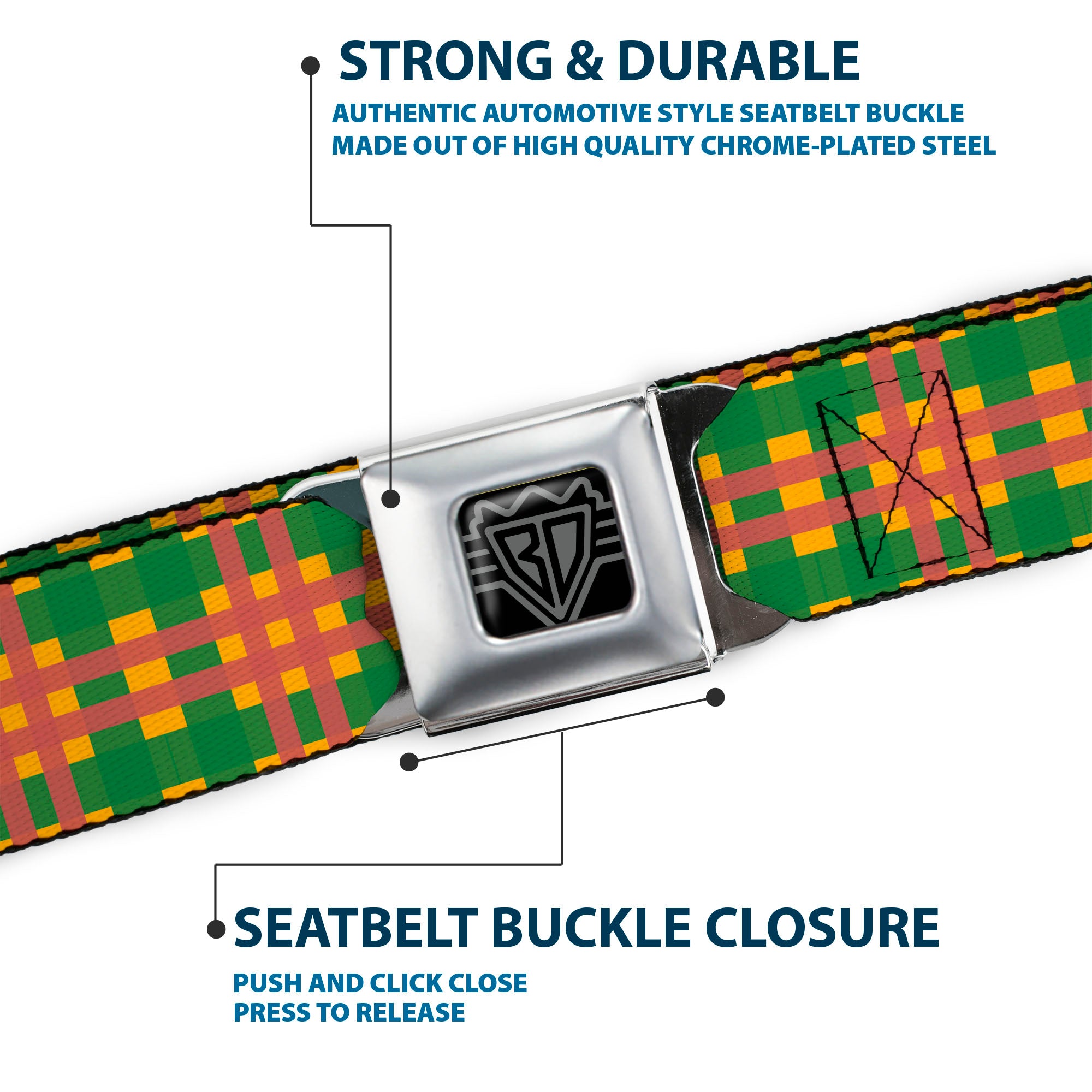 BD Wings Logo CLOSE-UP Full Color Black Silver Seatbelt Belt - Plaid Gold/Green/Pink Webbing Seatbelt Belts Buckle-Down