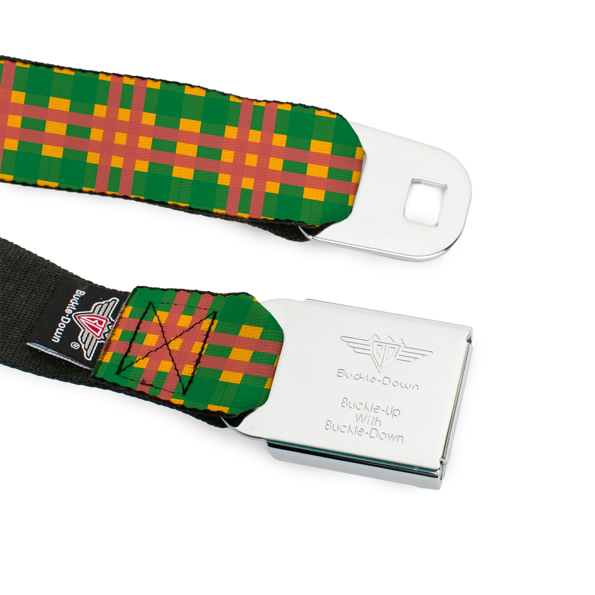 BD Wings Logo CLOSE-UP Full Color Black Silver Seatbelt Belt - Plaid Gold/Green/Pink Webbing Seatbelt Belts Buckle-Down