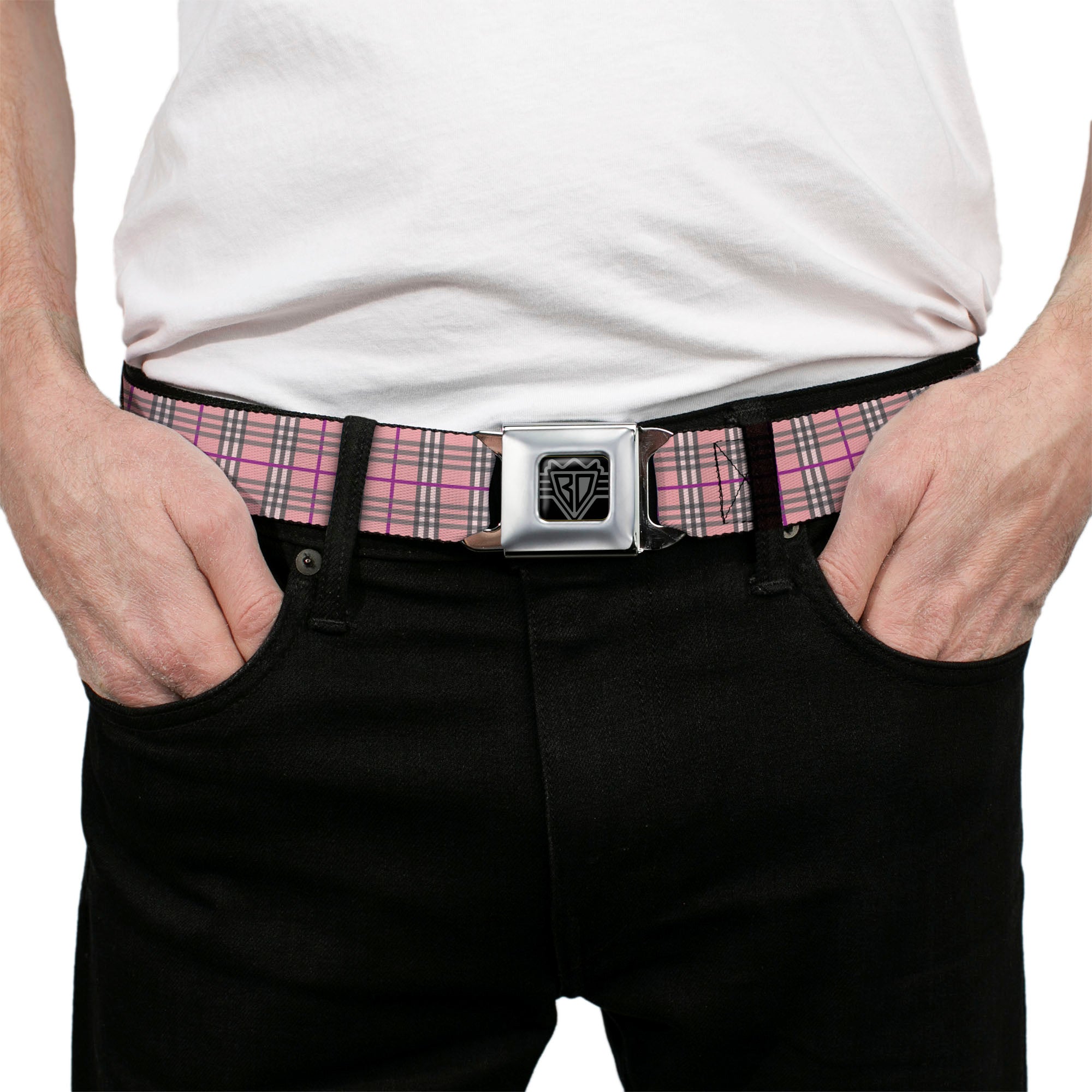 BD Wings Logo CLOSE-UP Full Color Black Silver Seatbelt Belt - Plaid Pink Webbing Seatbelt Belts Buckle-Down