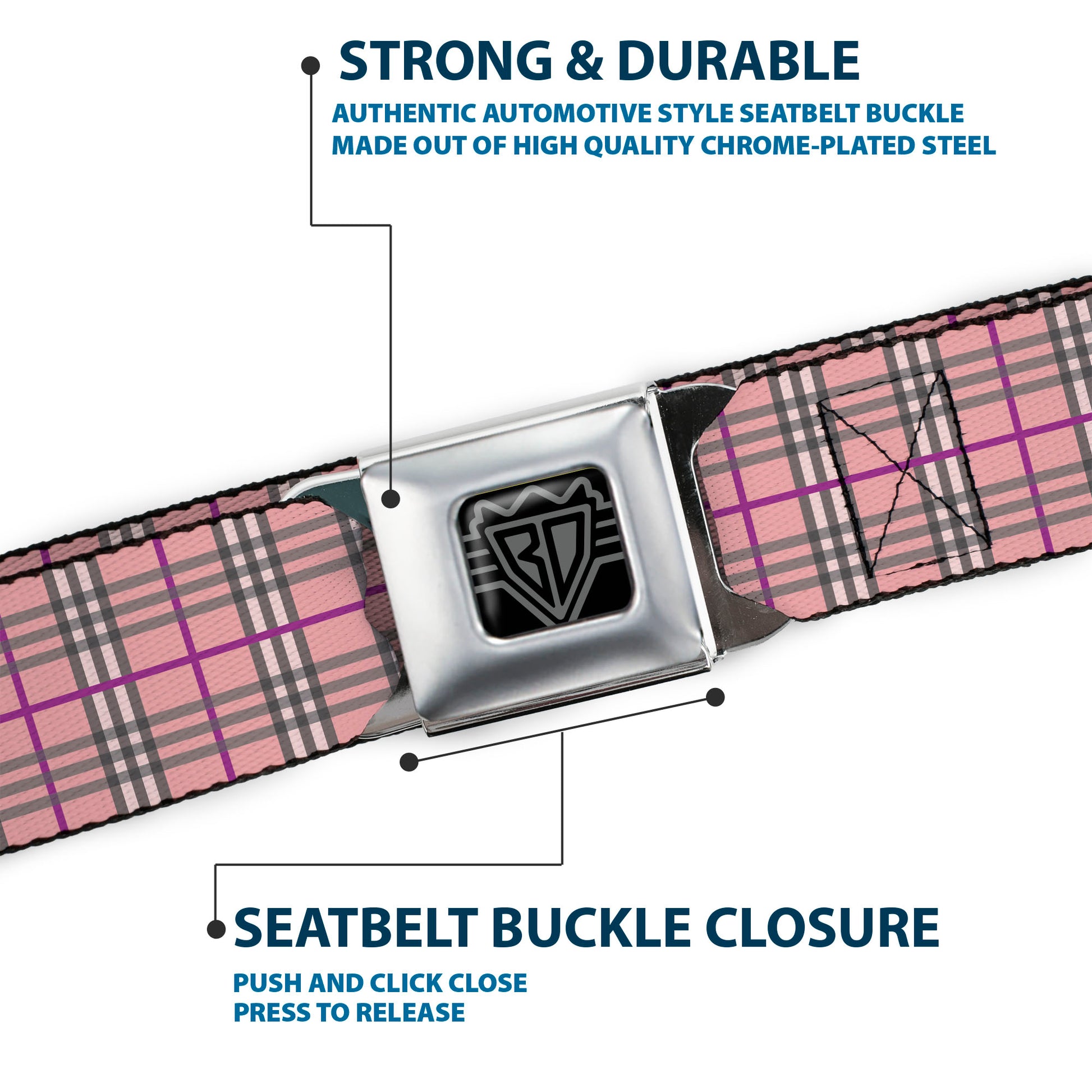 BD Wings Logo CLOSE-UP Full Color Black Silver Seatbelt Belt - Plaid Pink Webbing Seatbelt Belts Buckle-Down