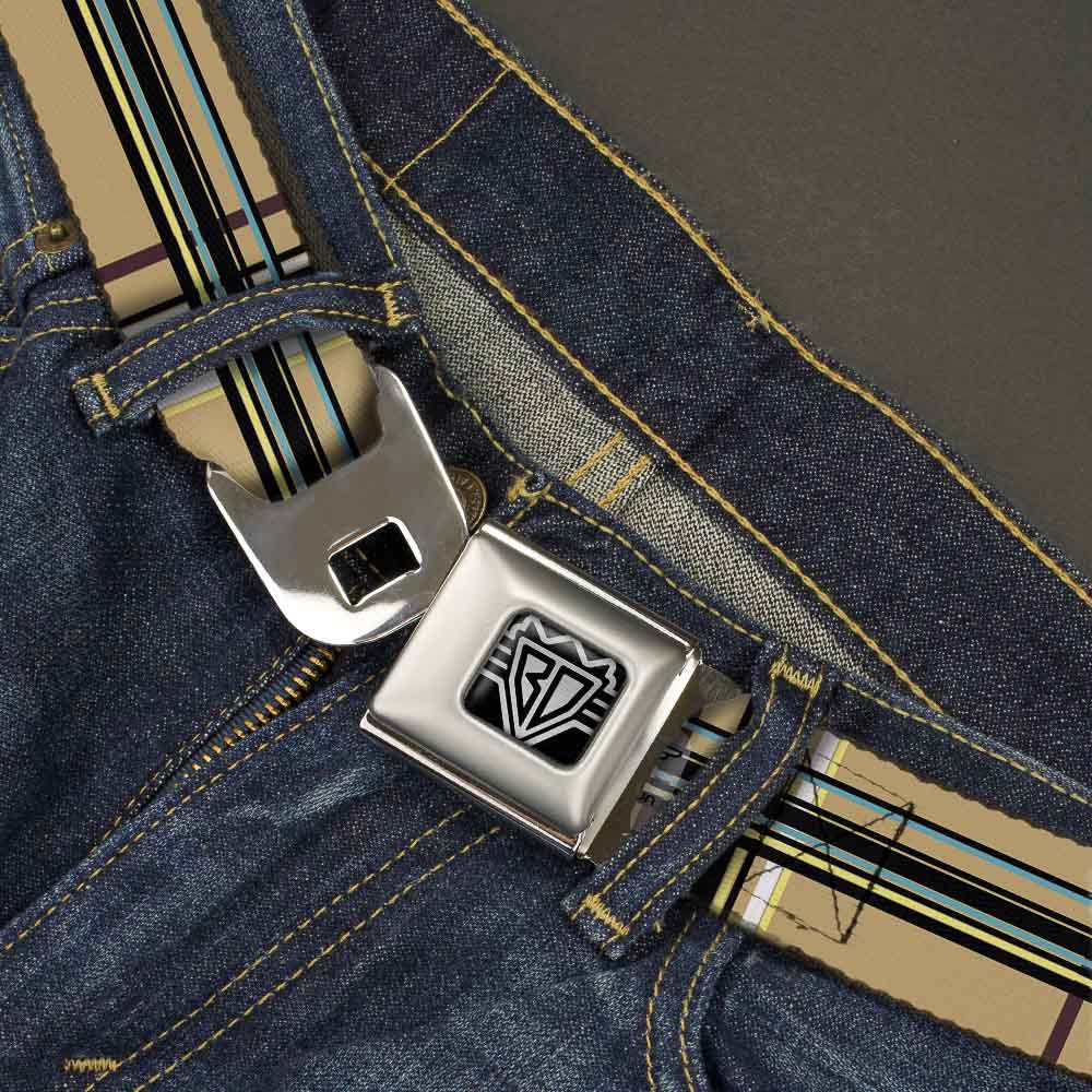BD Wings Logo CLOSE-UP Full Color Black Silver Seatbelt Belt - Plaid Tan Webbing Seatbelt Belts Buckle-Down