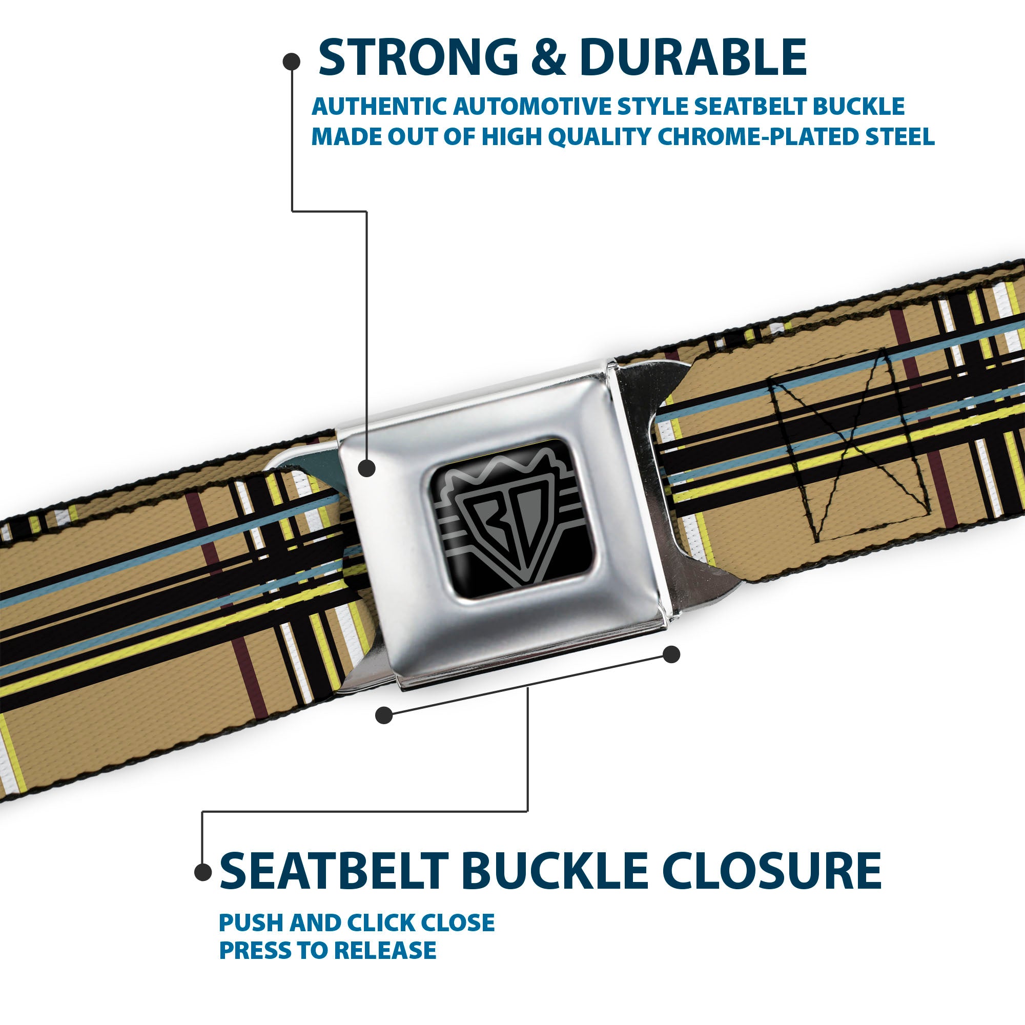 BD Wings Logo CLOSE-UP Full Color Black Silver Seatbelt Belt - Plaid Tan Webbing Seatbelt Belts Buckle-Down