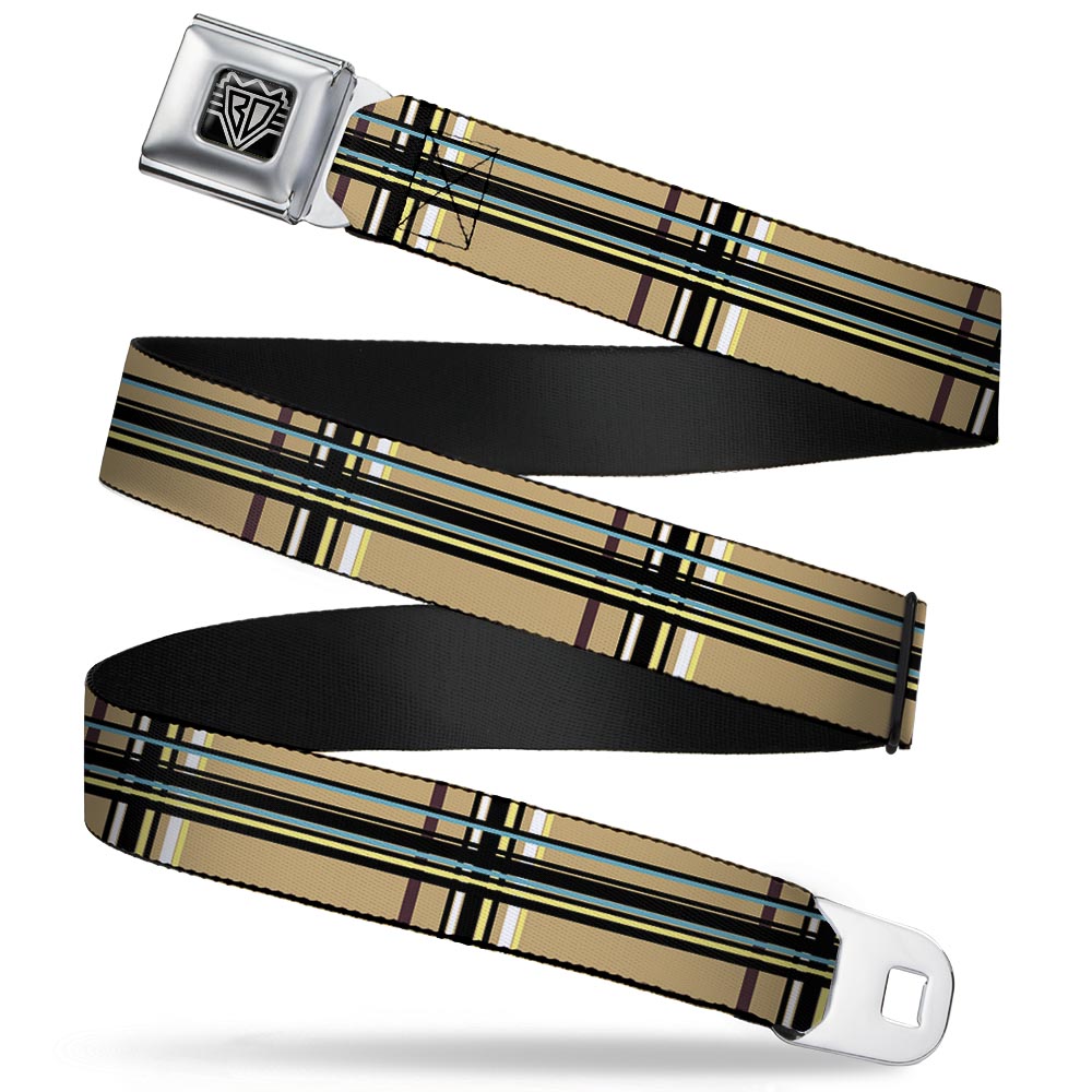 BD Wings Logo CLOSE-UP Full Color Black Silver Seatbelt Belt - Plaid Tan Webbing Seatbelt Belts Buckle-Down