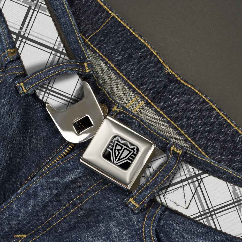 BD Wings Logo CLOSE-UP Full Color Black Silver Seatbelt Belt - Plaid X Weathered White/Gray Webbing Seatbelt Belts Buckle-Down
