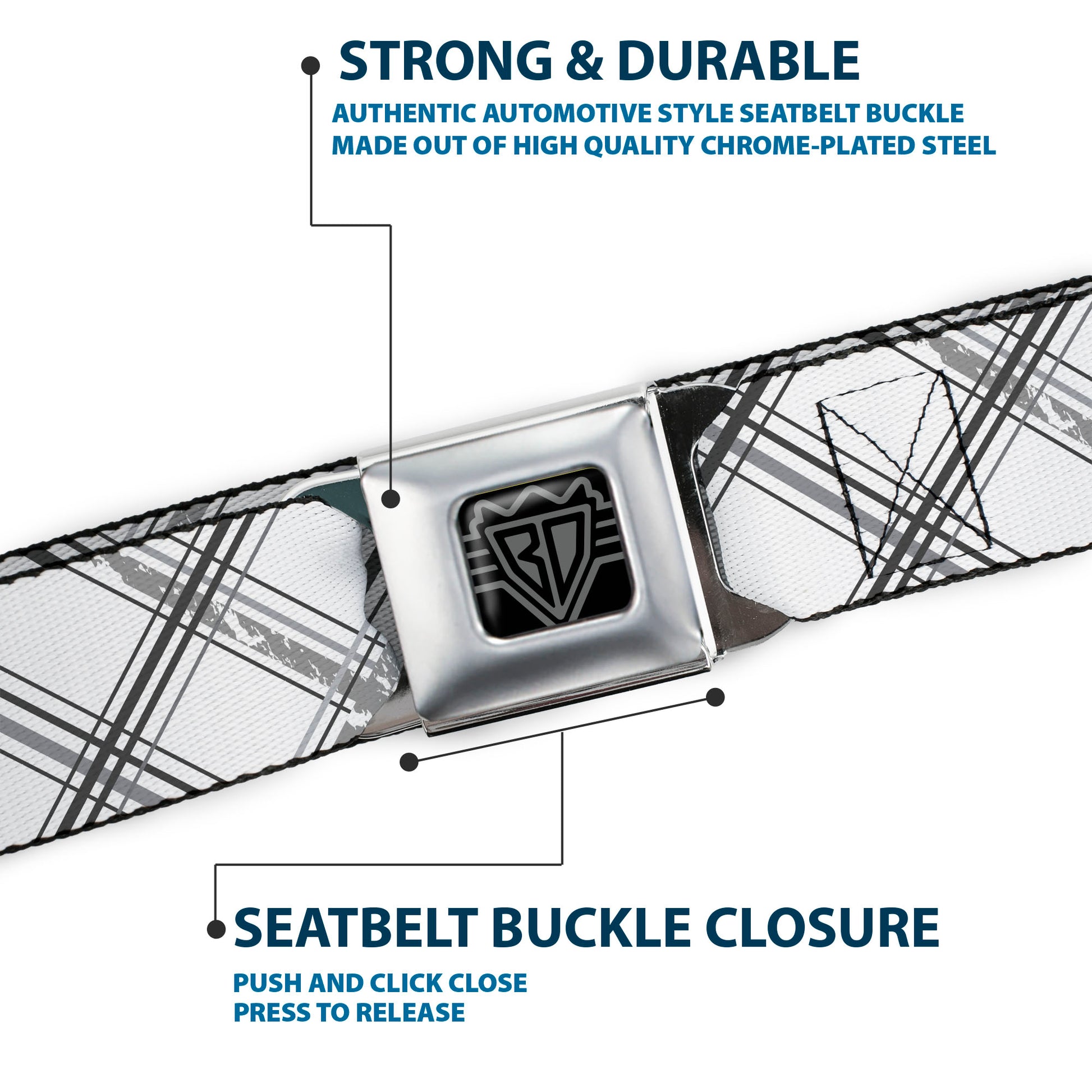 BD Wings Logo CLOSE-UP Full Color Black Silver Seatbelt Belt - Plaid X Weathered White/Gray Webbing Seatbelt Belts Buckle-Down