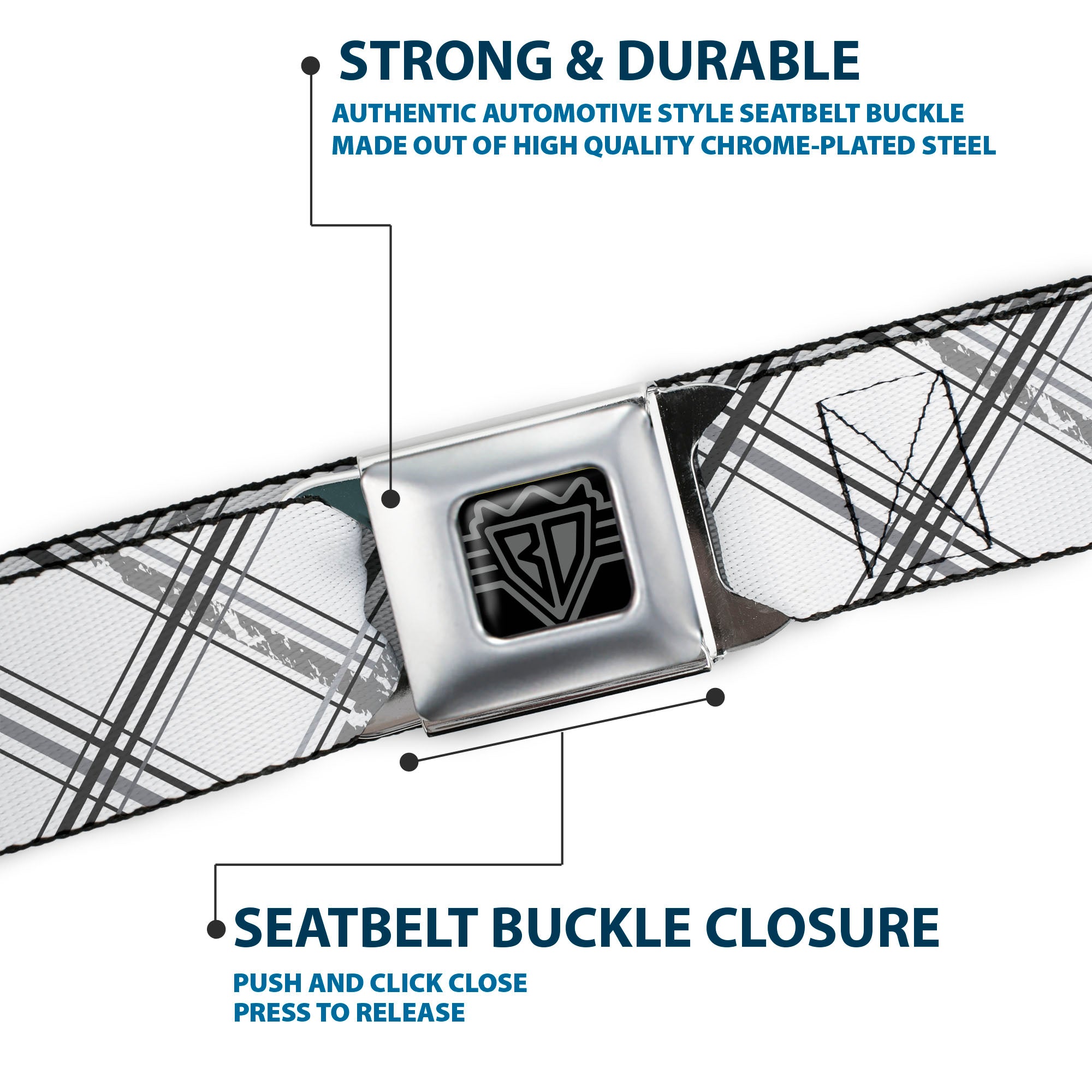 BD Wings Logo CLOSE-UP Full Color Black Silver Seatbelt Belt - Plaid X Weathered White/Gray Webbing Seatbelt Belts Buckle-Down
