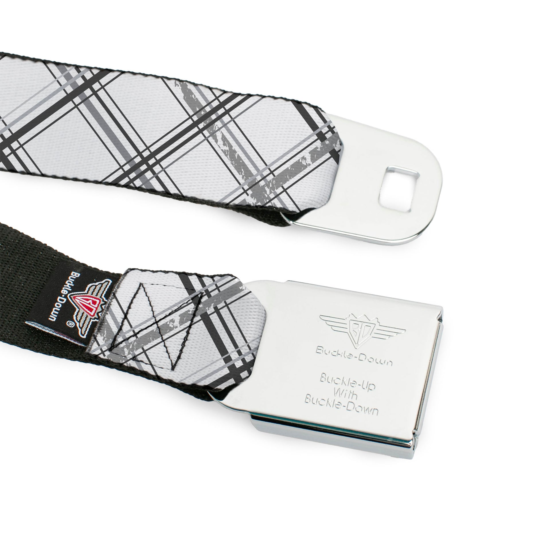 BD Wings Logo CLOSE-UP Full Color Black Silver Seatbelt Belt - Plaid X Weathered White/Gray Webbing Seatbelt Belts Buckle-Down