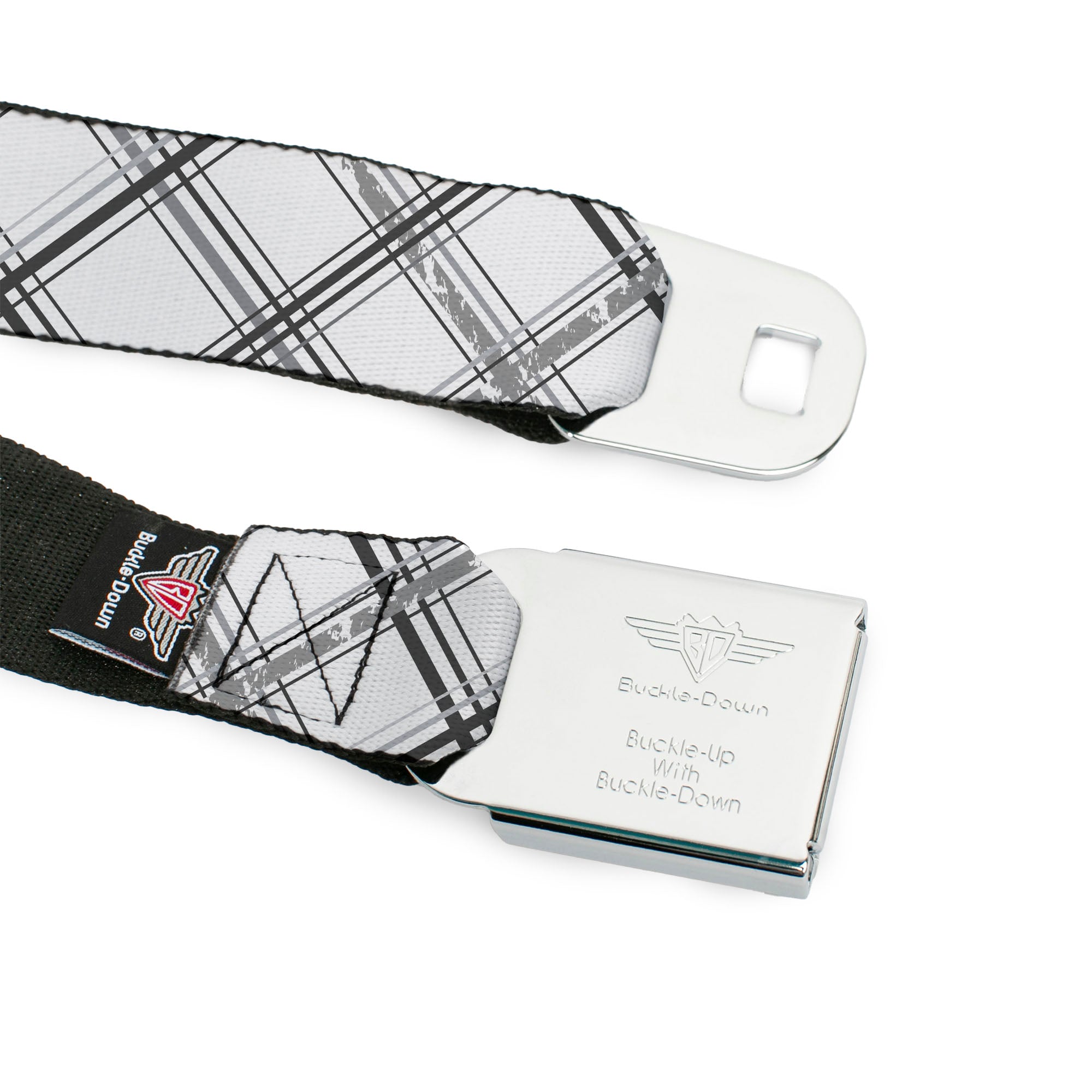 BD Wings Logo CLOSE-UP Full Color Black Silver Seatbelt Belt - Plaid X Weathered White/Gray Webbing Seatbelt Belts Buckle-Down