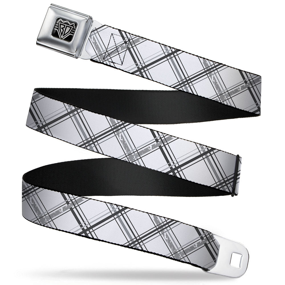 BD Wings Logo CLOSE-UP Full Color Black Silver Seatbelt Belt - Plaid X Weathered White/Gray Webbing Seatbelt Belts Buckle-Down