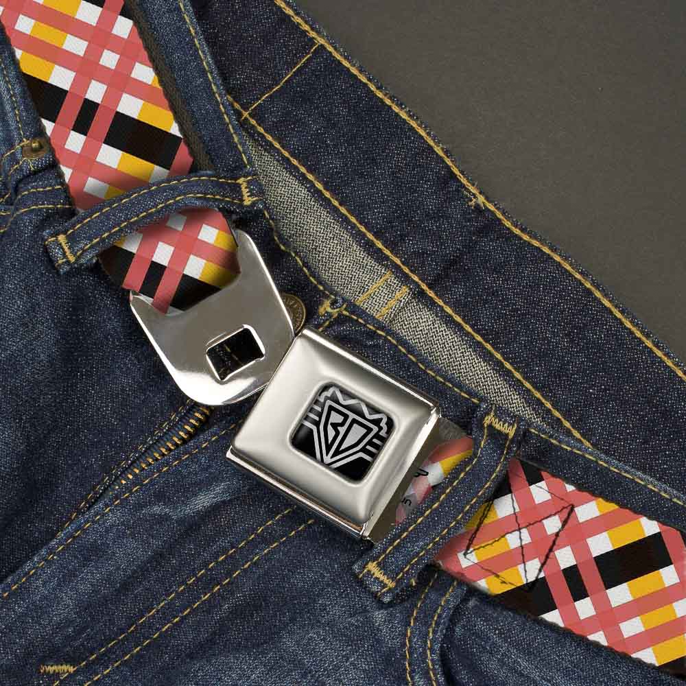 BD Wings Logo CLOSE-UP Full Color Black Silver Seatbelt Belt - Plaid X White/Gold/Black/Pink Webbing Seatbelt Belts Buckle-Down
