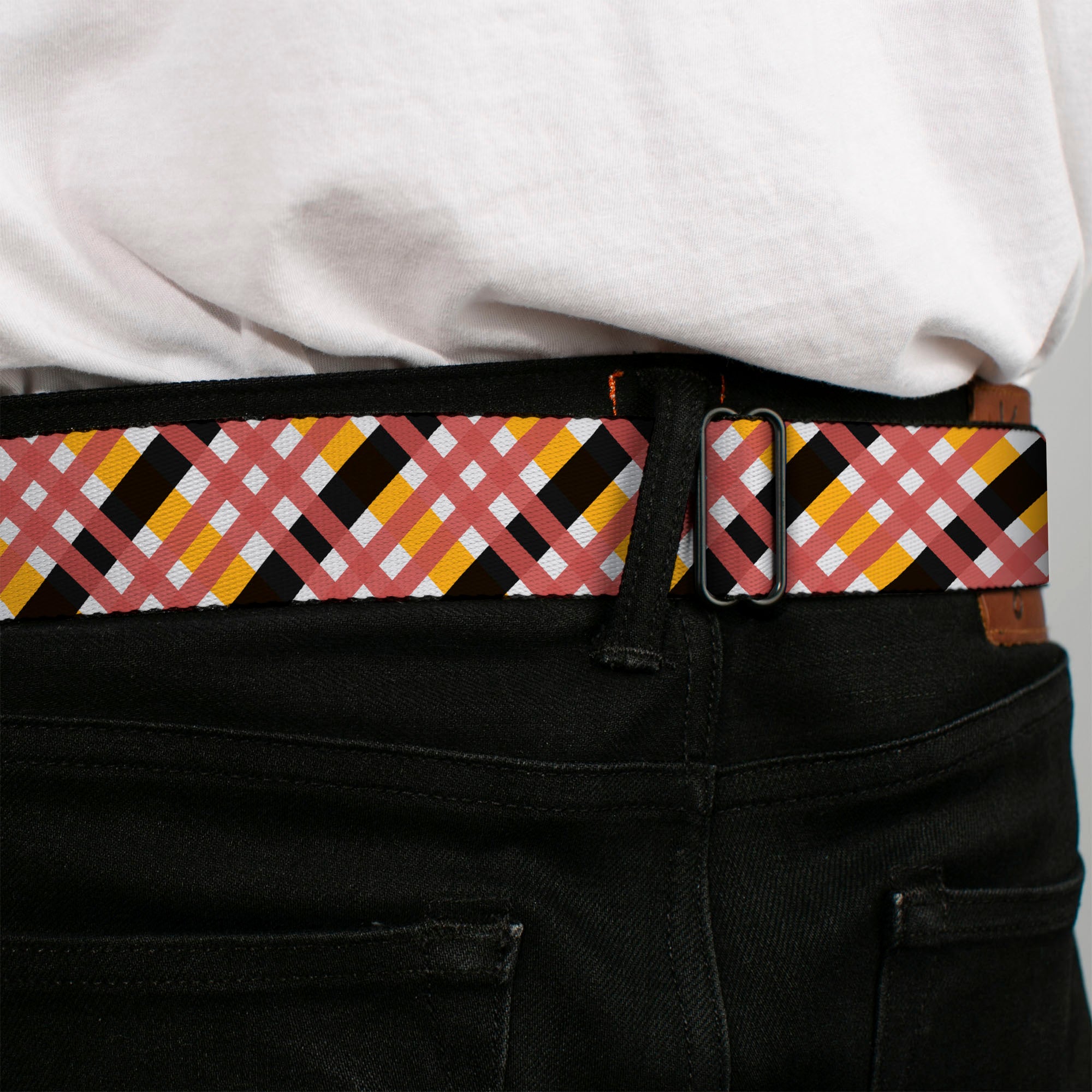 BD Wings Logo CLOSE-UP Full Color Black Silver Seatbelt Belt - Plaid X White/Gold/Black/Pink Webbing Seatbelt Belts Buckle-Down