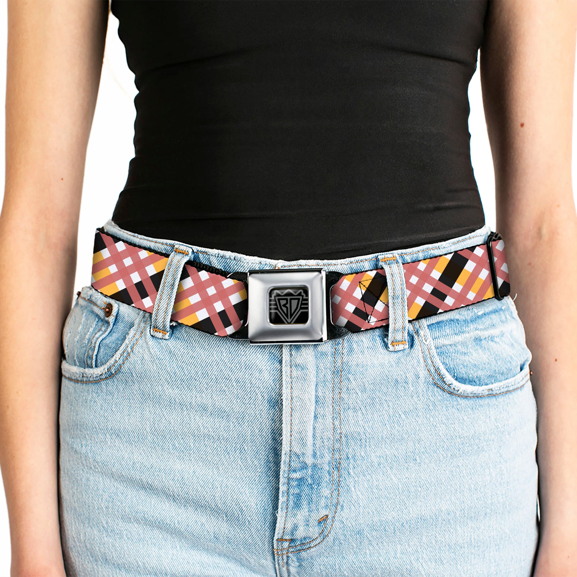 BD Wings Logo CLOSE-UP Full Color Black Silver Seatbelt Belt - Plaid X White/Gold/Black/Pink Webbing Seatbelt Belts Buckle-Down