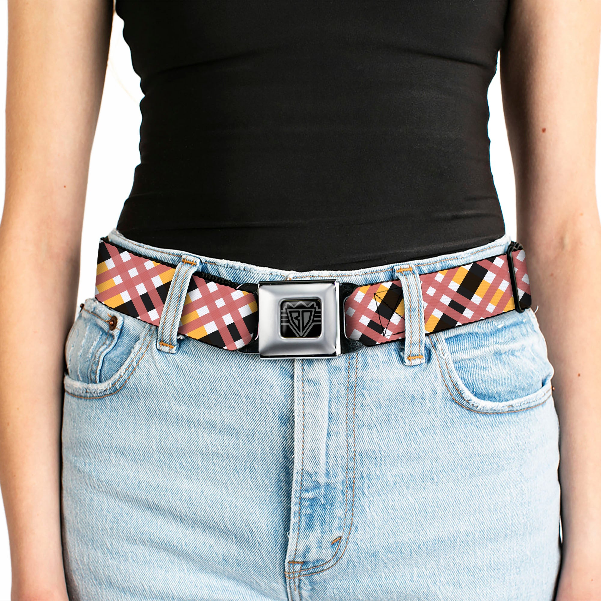 BD Wings Logo CLOSE-UP Full Color Black Silver Seatbelt Belt - Plaid X White/Gold/Black/Pink Webbing Seatbelt Belts Buckle-Down
