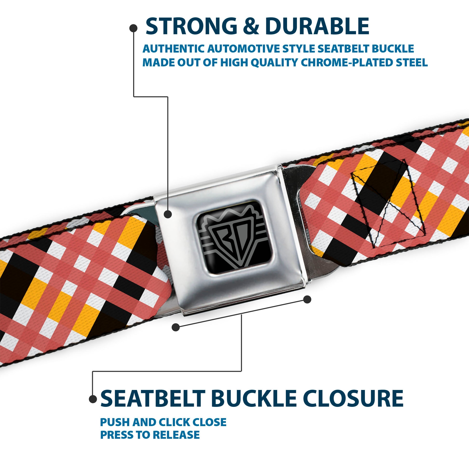 BD Wings Logo CLOSE-UP Full Color Black Silver Seatbelt Belt - Plaid X White/Gold/Black/Pink Webbing Seatbelt Belts Buckle-Down