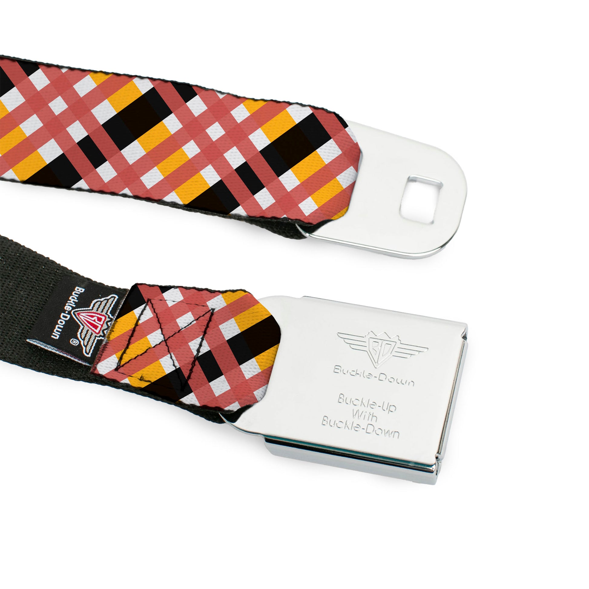BD Wings Logo CLOSE-UP Full Color Black Silver Seatbelt Belt - Plaid X White/Gold/Black/Pink Webbing Seatbelt Belts Buckle-Down