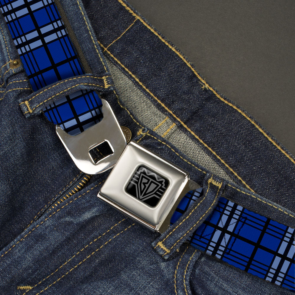 BD Wings Logo CLOSE-UP Black/Silver Seatbelt Belt - Plaid Blue/Gray/Black Webbing Seatbelt Belts Buckle-Down