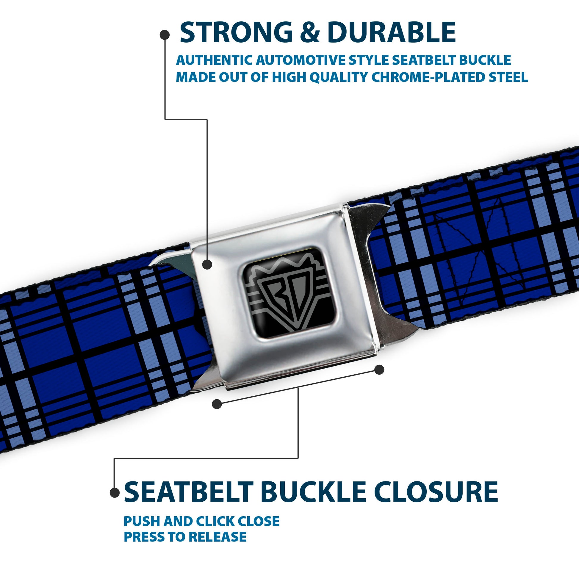 BD Wings Logo CLOSE-UP Black/Silver Seatbelt Belt - Plaid Blue/Gray/Black Webbing Seatbelt Belts Buckle-Down