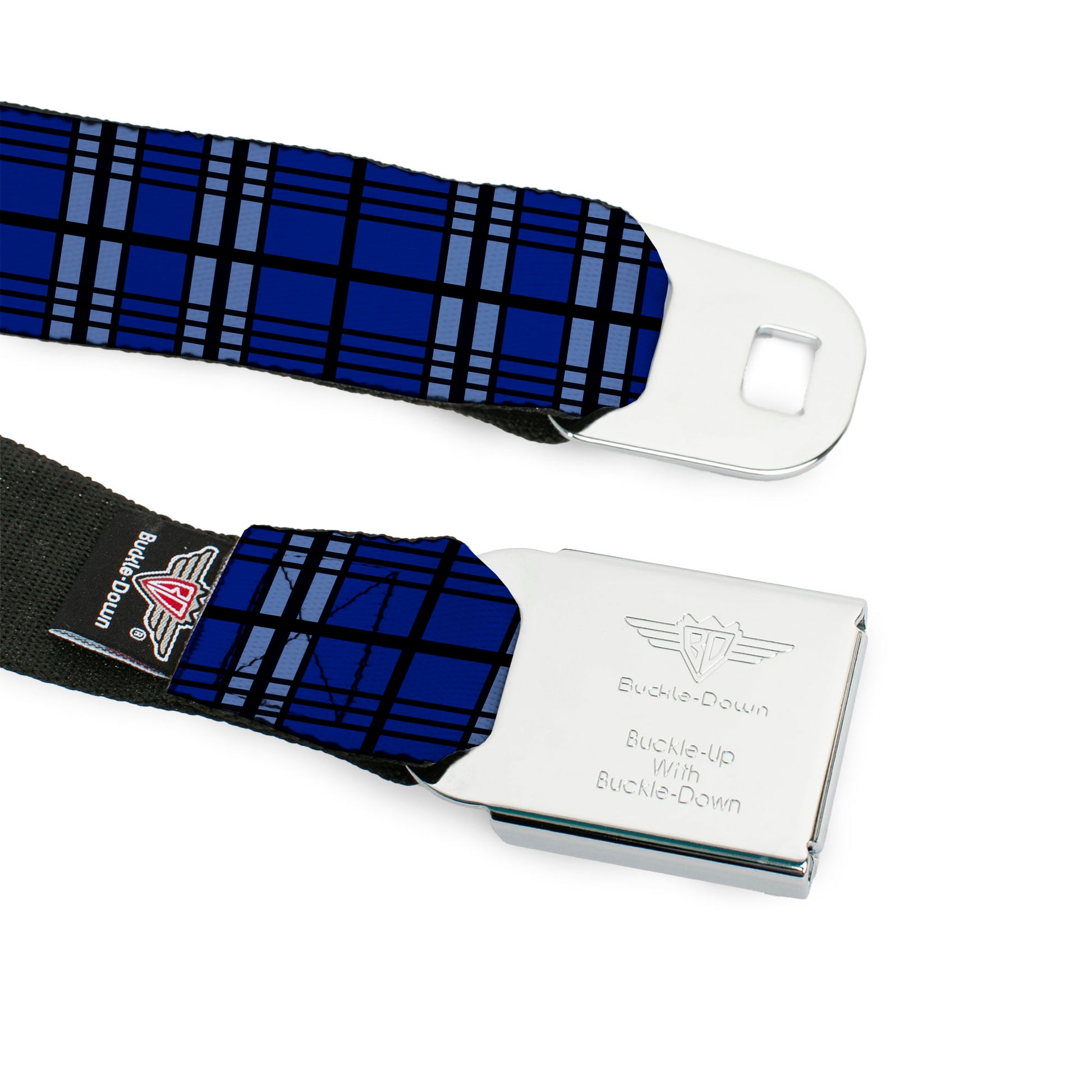 BD Wings Logo CLOSE-UP Black/Silver Seatbelt Belt - Plaid Blue/Gray/Black Webbing Seatbelt Belts Buckle-Down