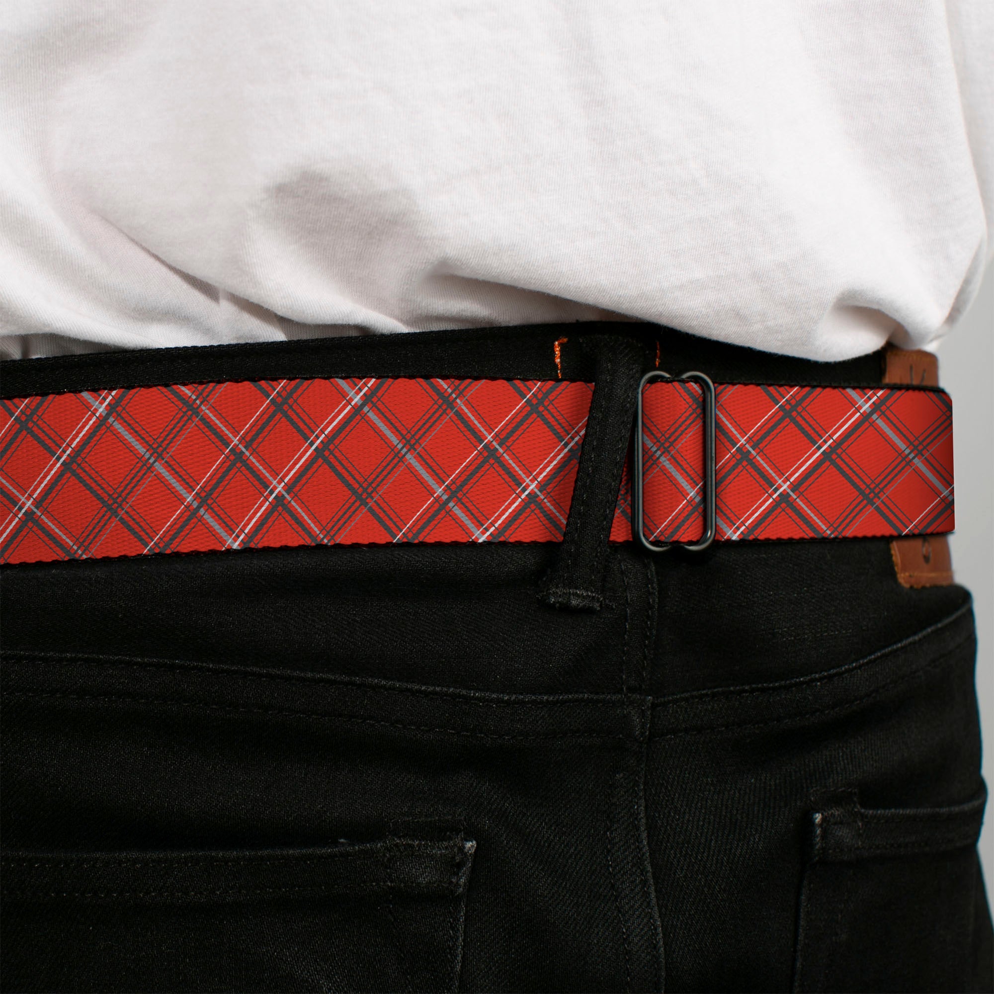 BD Wings Logo CLOSE-UP Full Color Black Silver Seatbelt Belt - Plaid X Orange/Gray Webbing Seatbelt Belts Buckle-Down