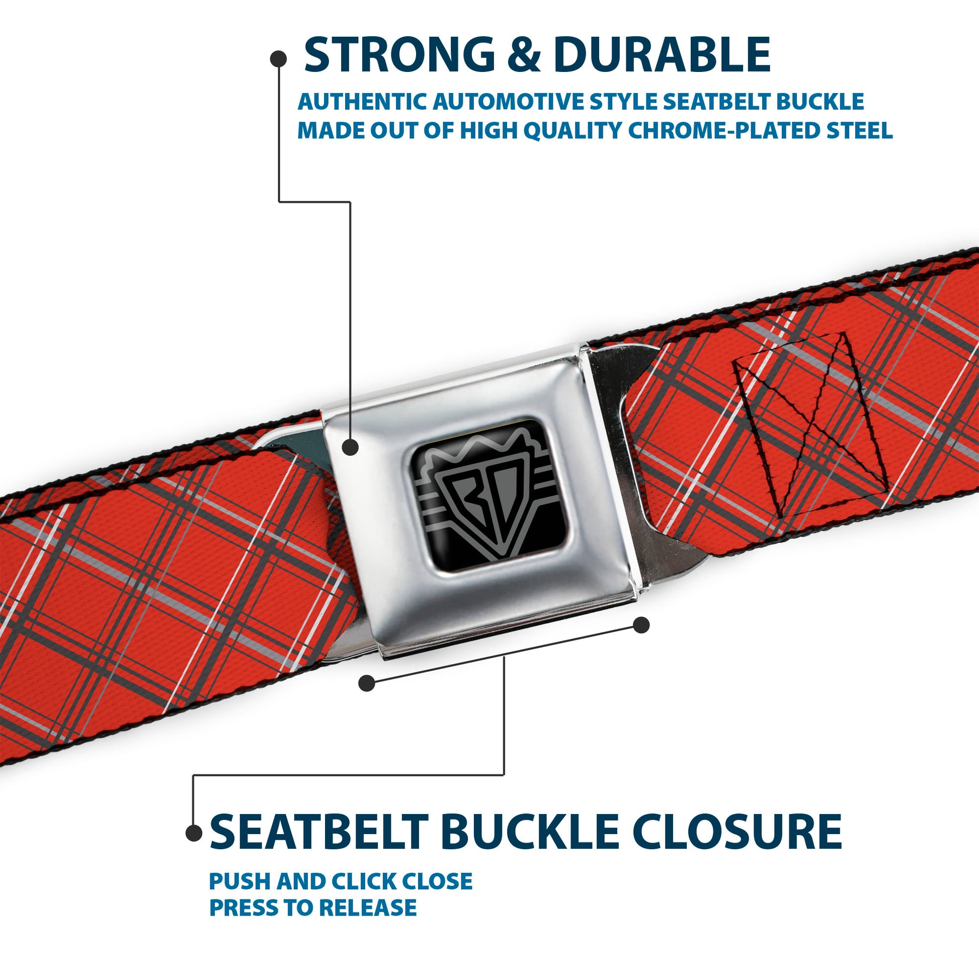 BD Wings Logo CLOSE-UP Full Color Black Silver Seatbelt Belt - Plaid X Orange/Gray Webbing Seatbelt Belts Buckle-Down