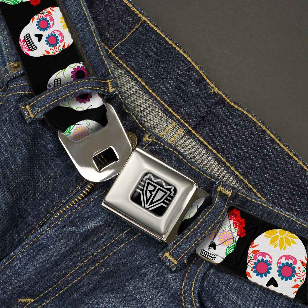 BD Wings Logo CLOSE-UP Full Color Black Silver Seatbelt Belt - Staggered Sugar Skulls Black/Multi Color Webbing Seatbelt Belts Buckle-Down
