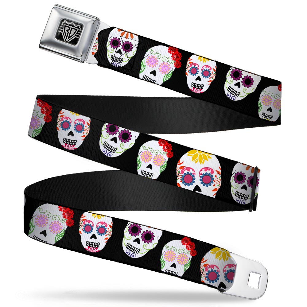 BD Wings Logo CLOSE-UP Full Color Black Silver Seatbelt Belt - Staggered Sugar Skulls Black/Multi Color Webbing Seatbelt Belts Buckle-Down