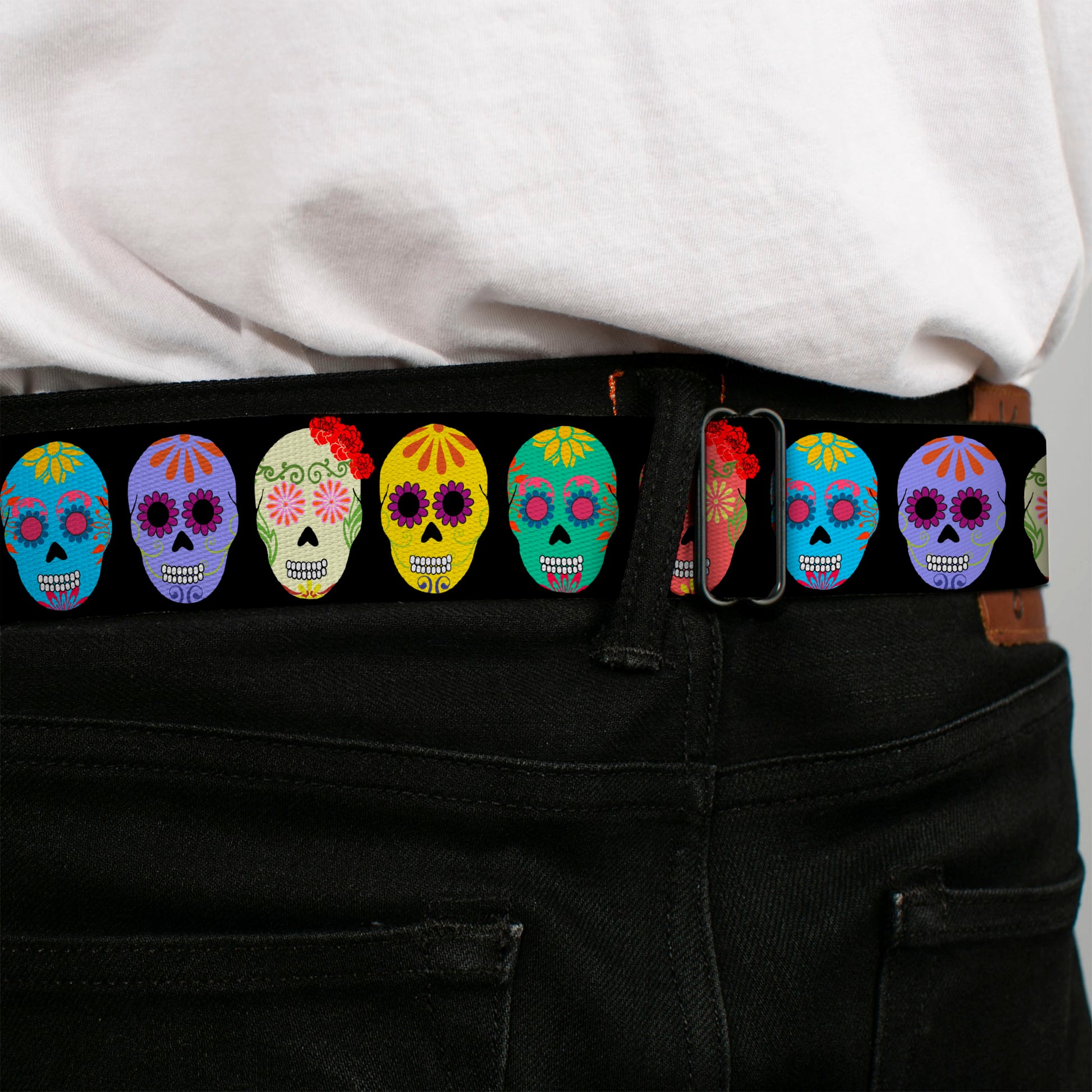 BD Wings Logo CLOSE-UP Black/Silver Seatbelt Belt - Painted Sugar Skulls Black/Multi Color Webbing Seatbelt Belts Buckle-Down