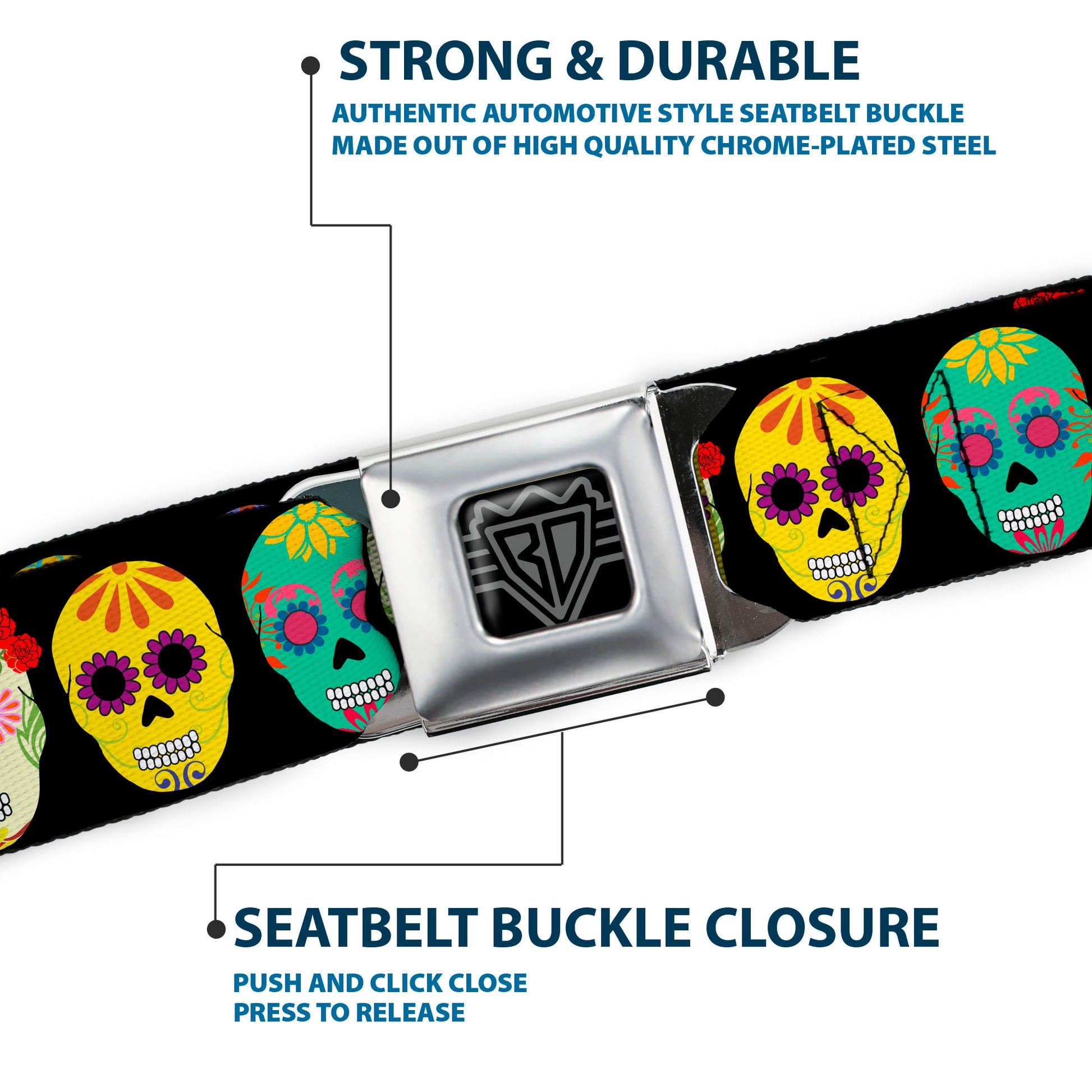 BD Wings Logo CLOSE-UP Black/Silver Seatbelt Belt - Painted Sugar Skulls Black/Multi Color Webbing Seatbelt Belts Buckle-Down
