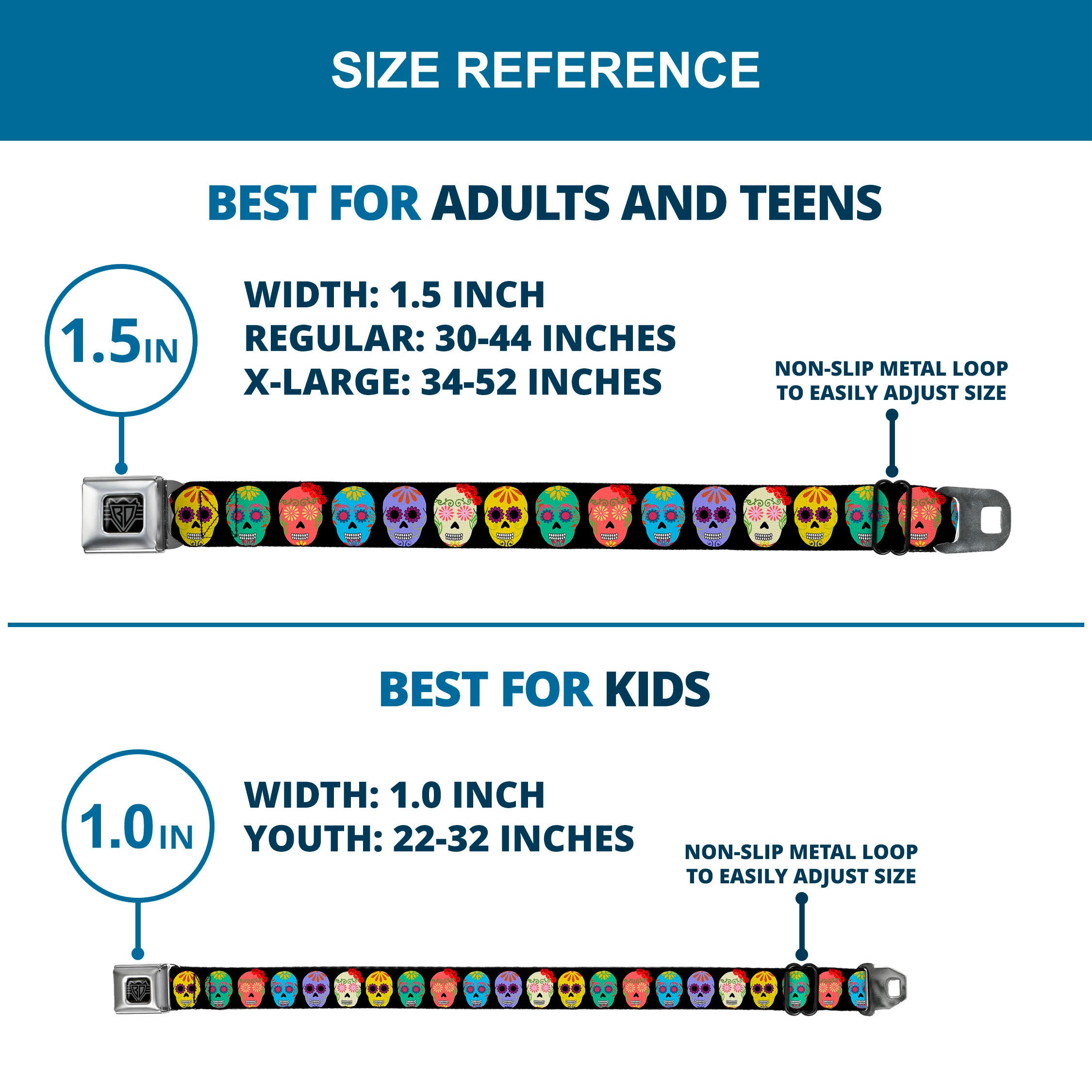 BD Wings Logo CLOSE-UP Black/Silver Seatbelt Belt - Painted Sugar Skulls Black/Multi Color Webbing Seatbelt Belts Buckle-Down