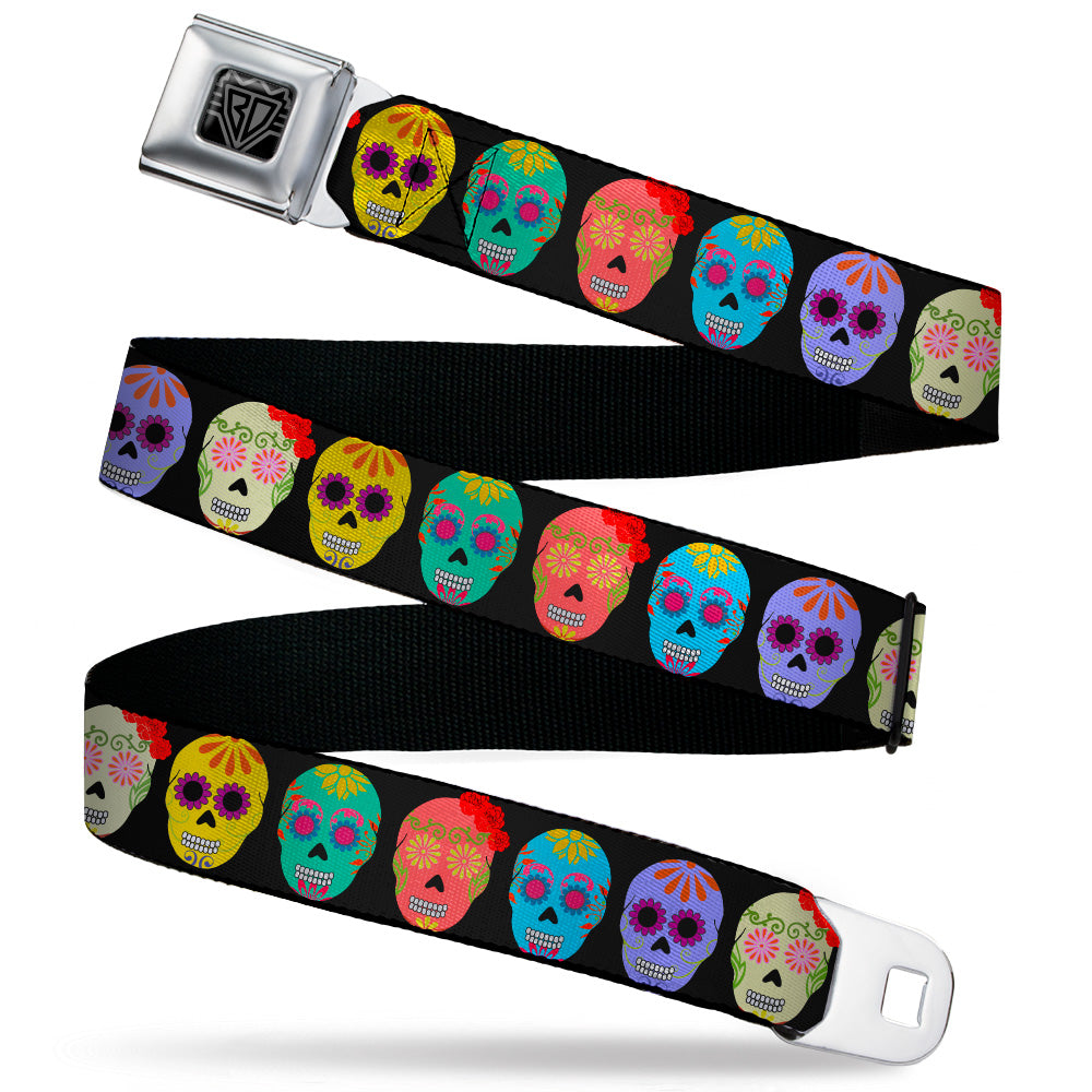 BD Wings Logo CLOSE-UP Black/Silver Seatbelt Belt - Painted Sugar Skulls Black/Multi Color Webbing Seatbelt Belts Buckle-Down