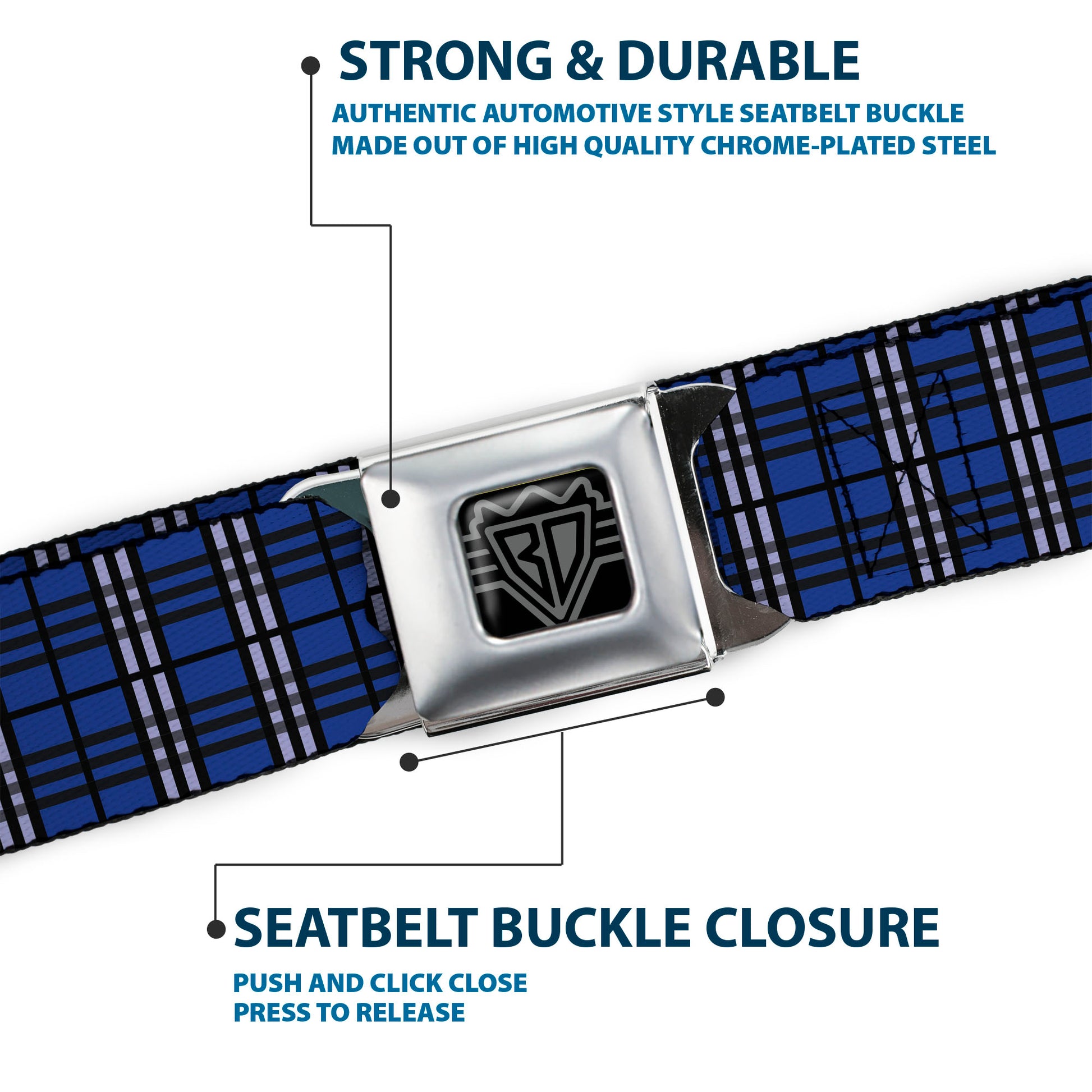 BD Wings Logo CLOSE-UP Full Color Black Silver Seatbelt Belt - Plaid Navy Webbing Seatbelt Belts Buckle-Down