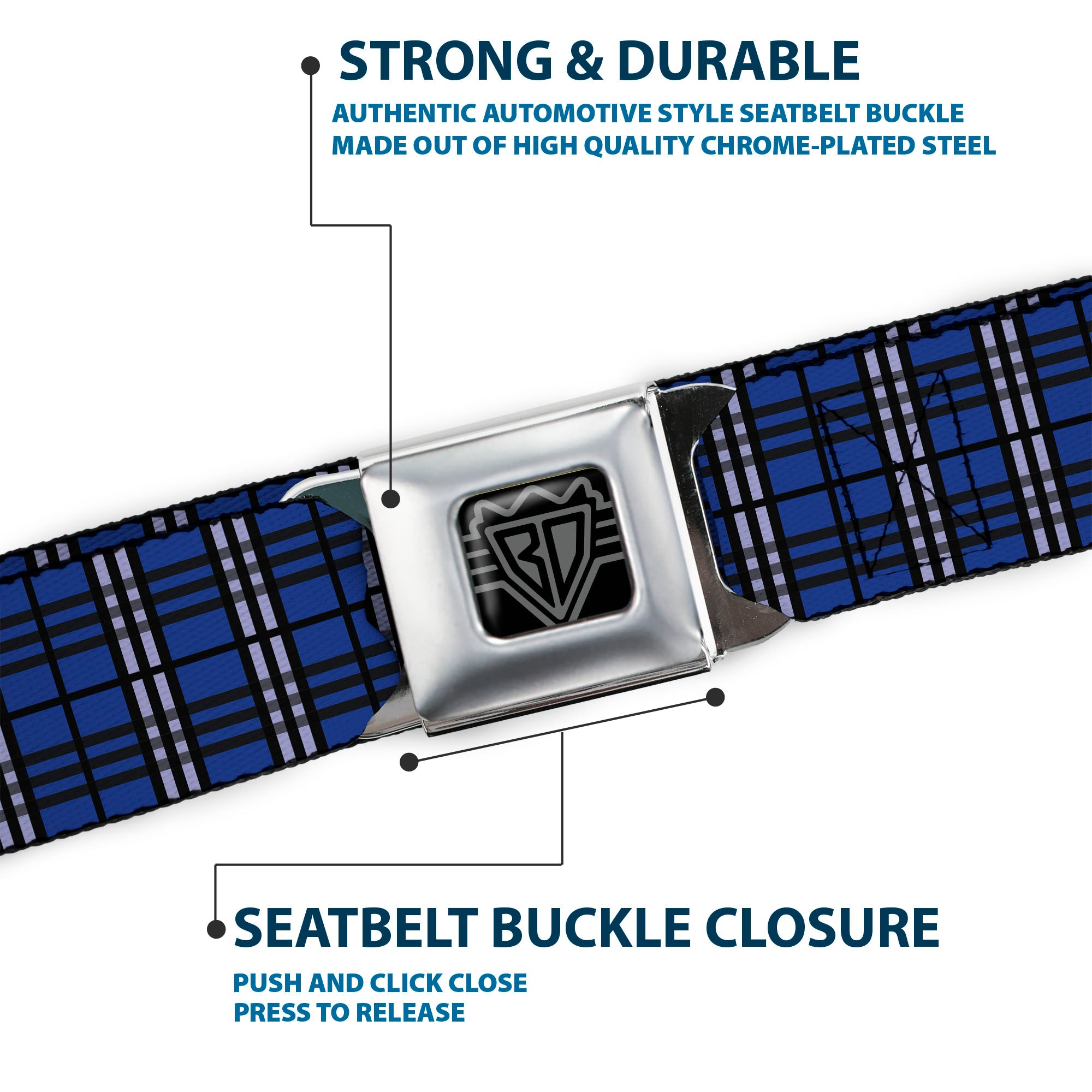 BD Wings Logo CLOSE-UP Full Color Black Silver Seatbelt Belt - Plaid Navy Webbing Seatbelt Belts Buckle-Down