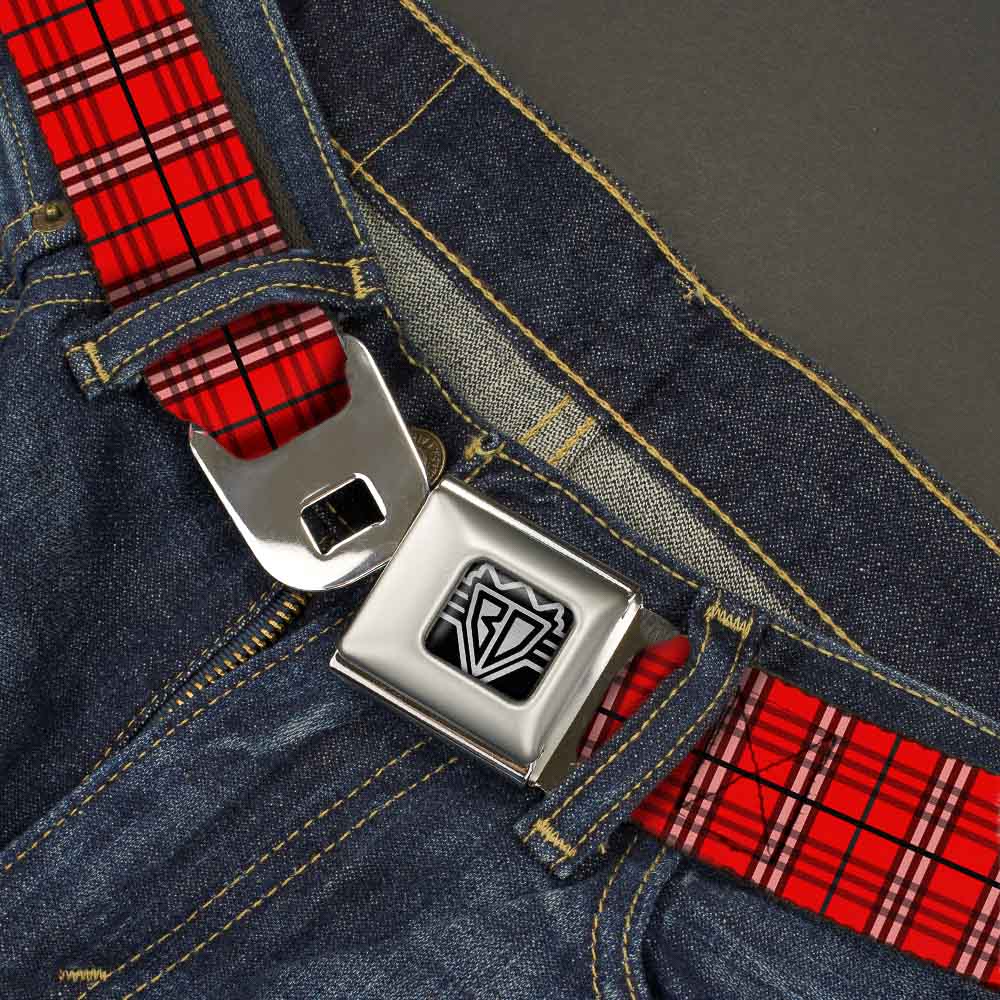 BD Wings Logo CLOSE-UP Full Color Black Silver Seatbelt Belt - Plaid Red Webbing Seatbelt Belts Buckle-Down