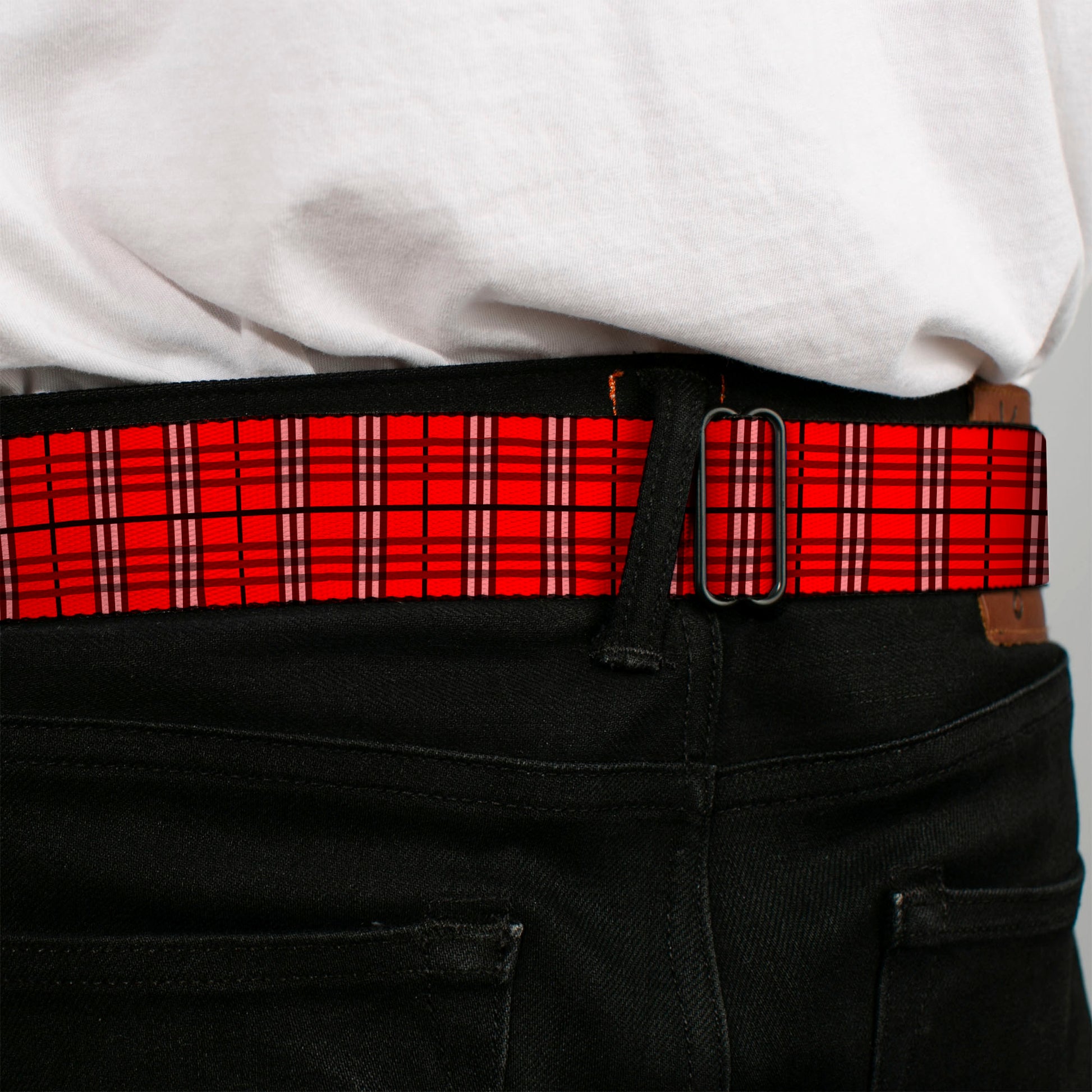 BD Wings Logo CLOSE-UP Full Color Black Silver Seatbelt Belt - Plaid Red Webbing Seatbelt Belts Buckle-Down
